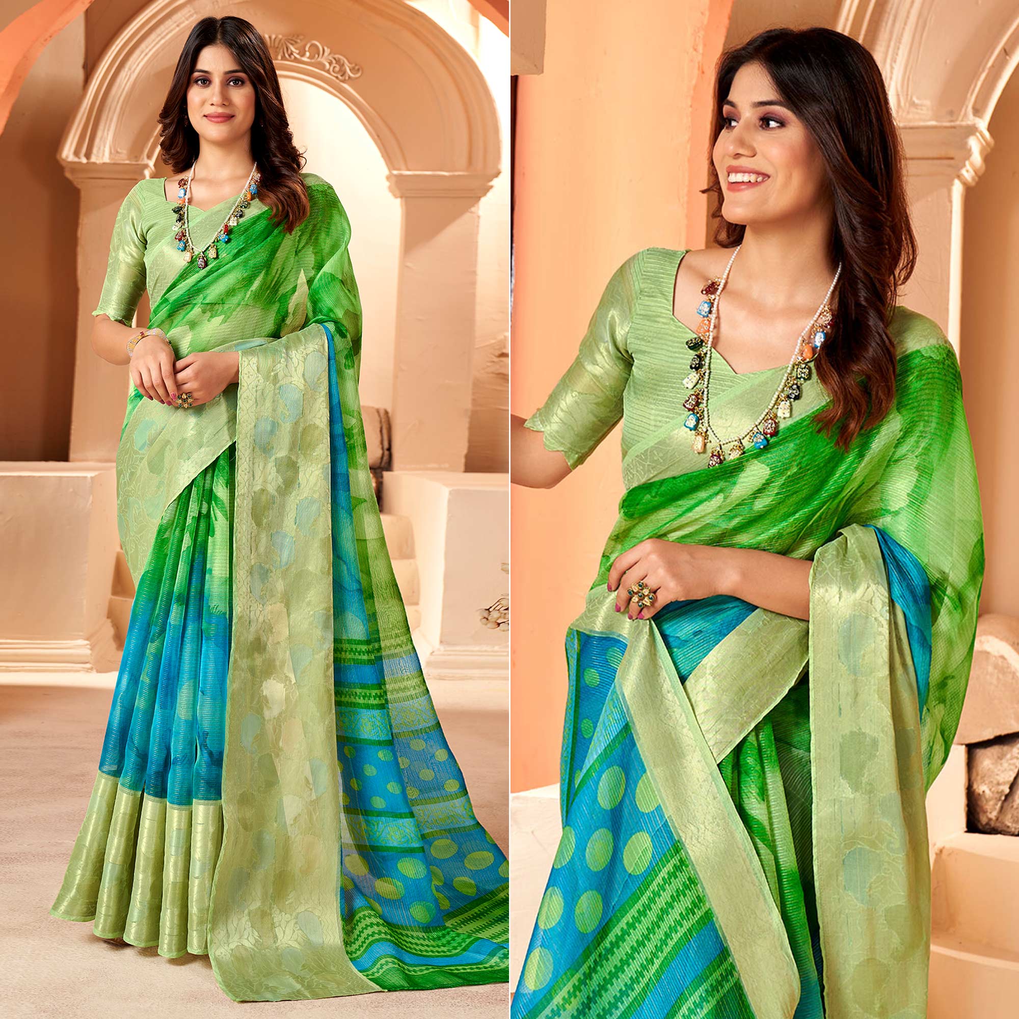 Green & Blue Printed Organza Saree With Woven Border