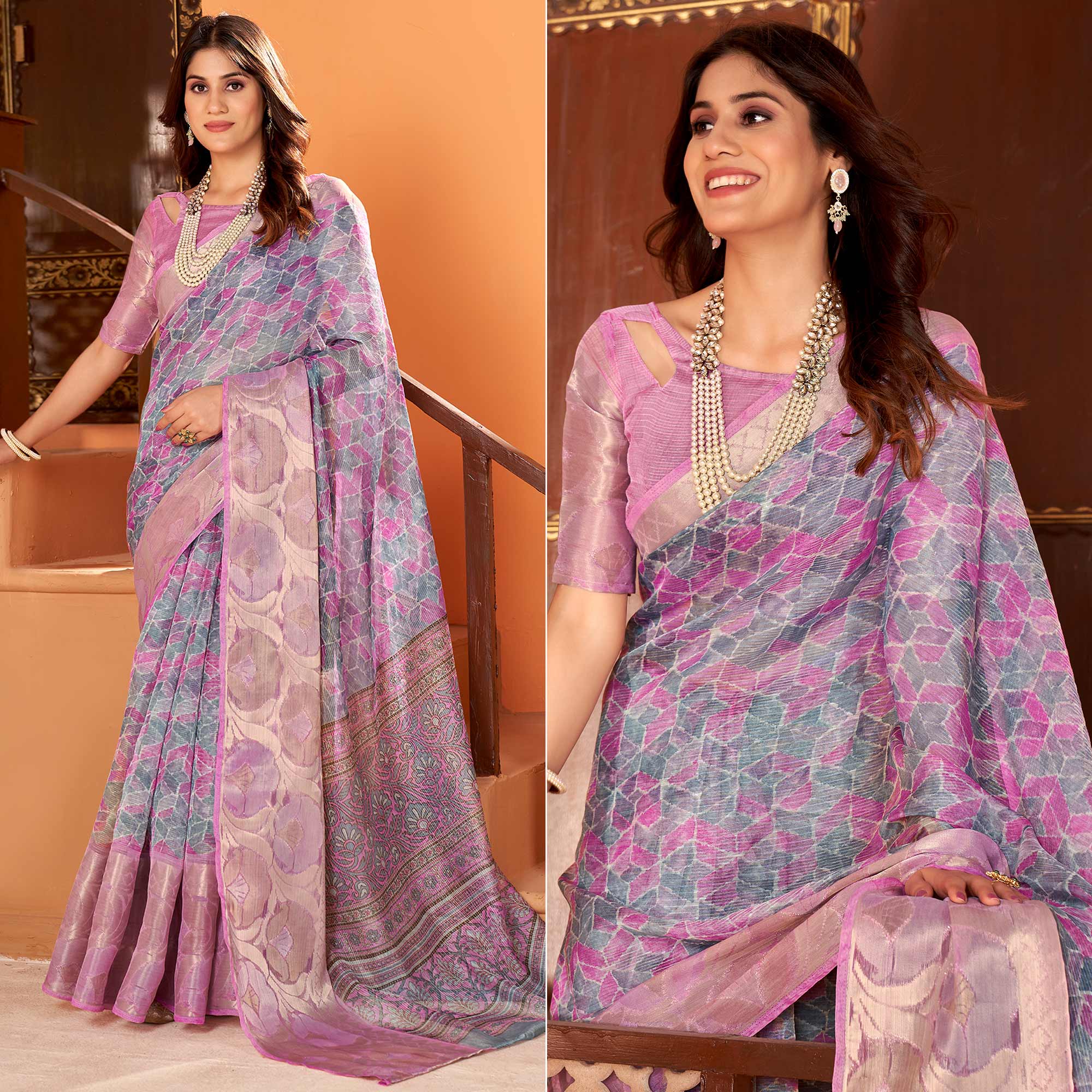 Light Purple Printed Organza Saree With Woven Border