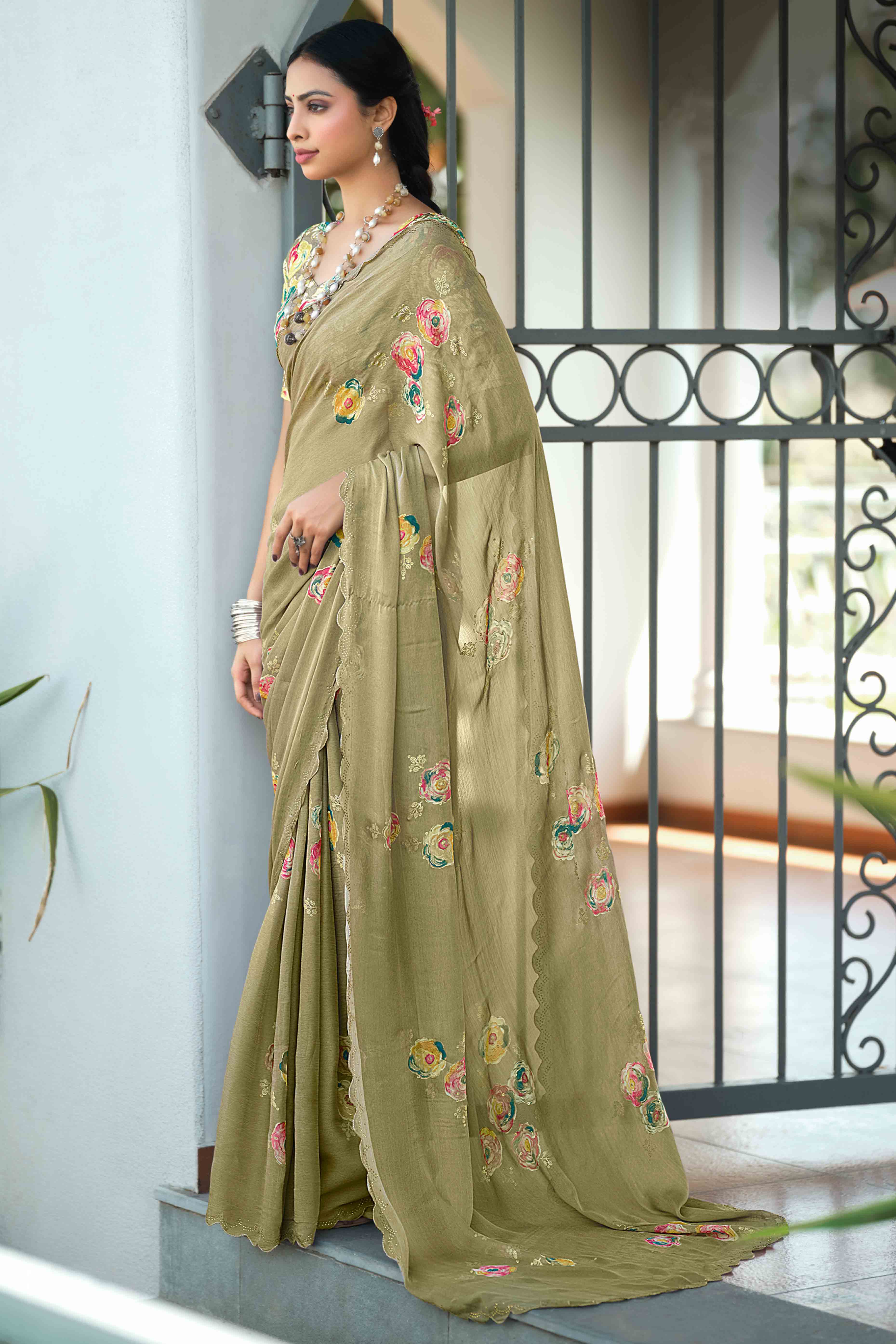 Elegant Olive Chiffon Saree with Floral and Foil Print Detailing