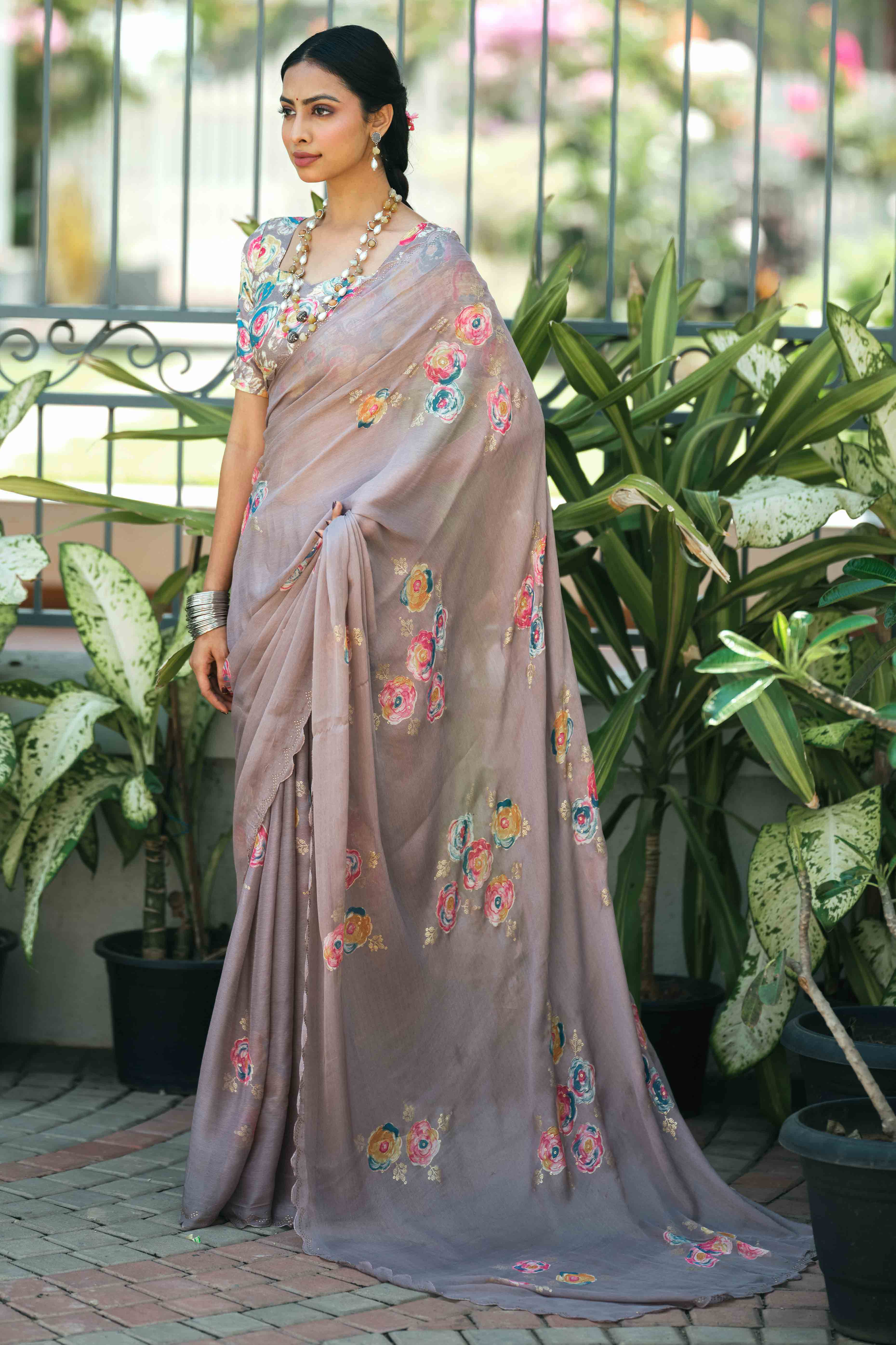 Elegant Brown Chiffon Saree with Floral and Foil Print Detailing