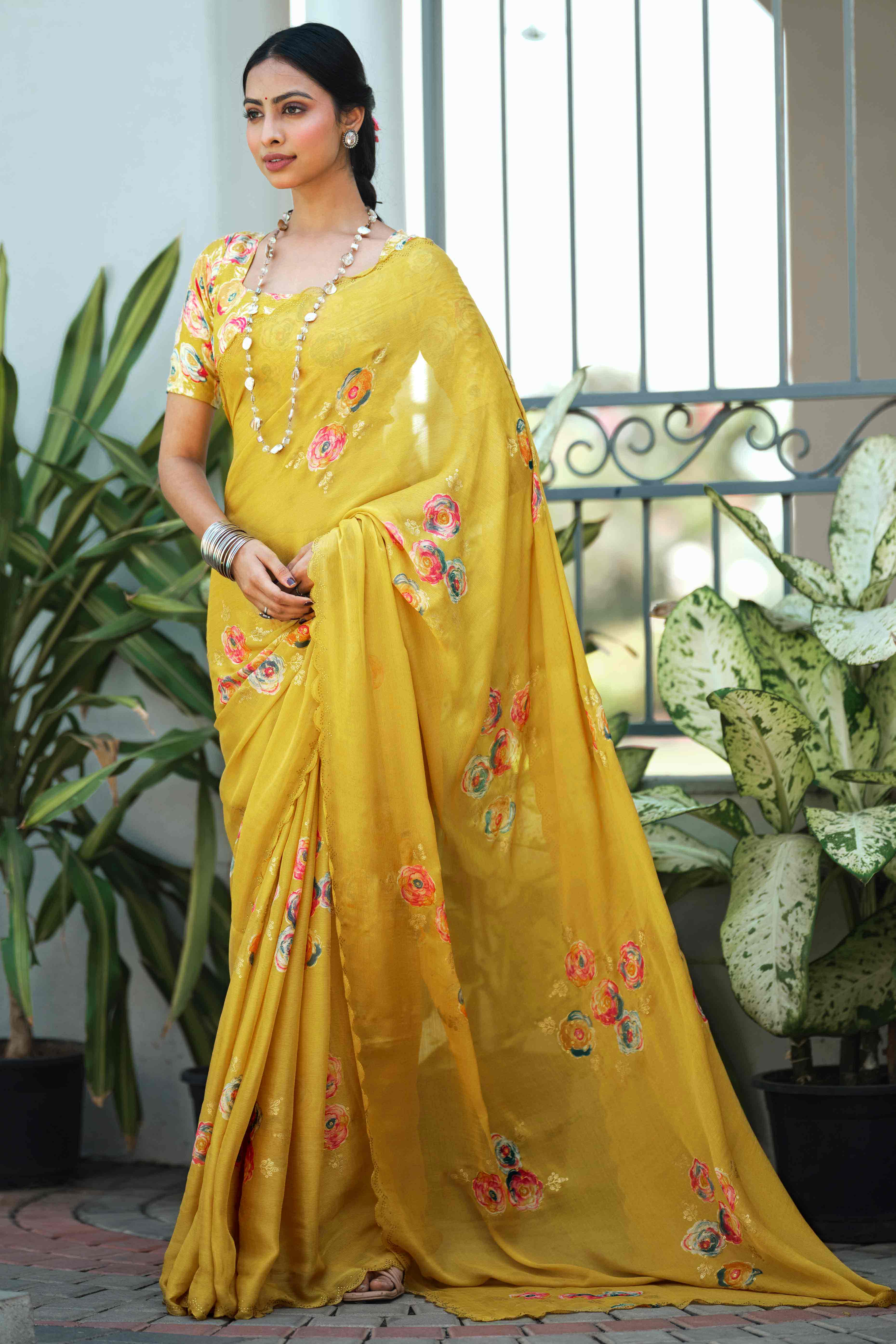 Elegant Mustard Chiffon Saree with Floral and Foil Print Detailing