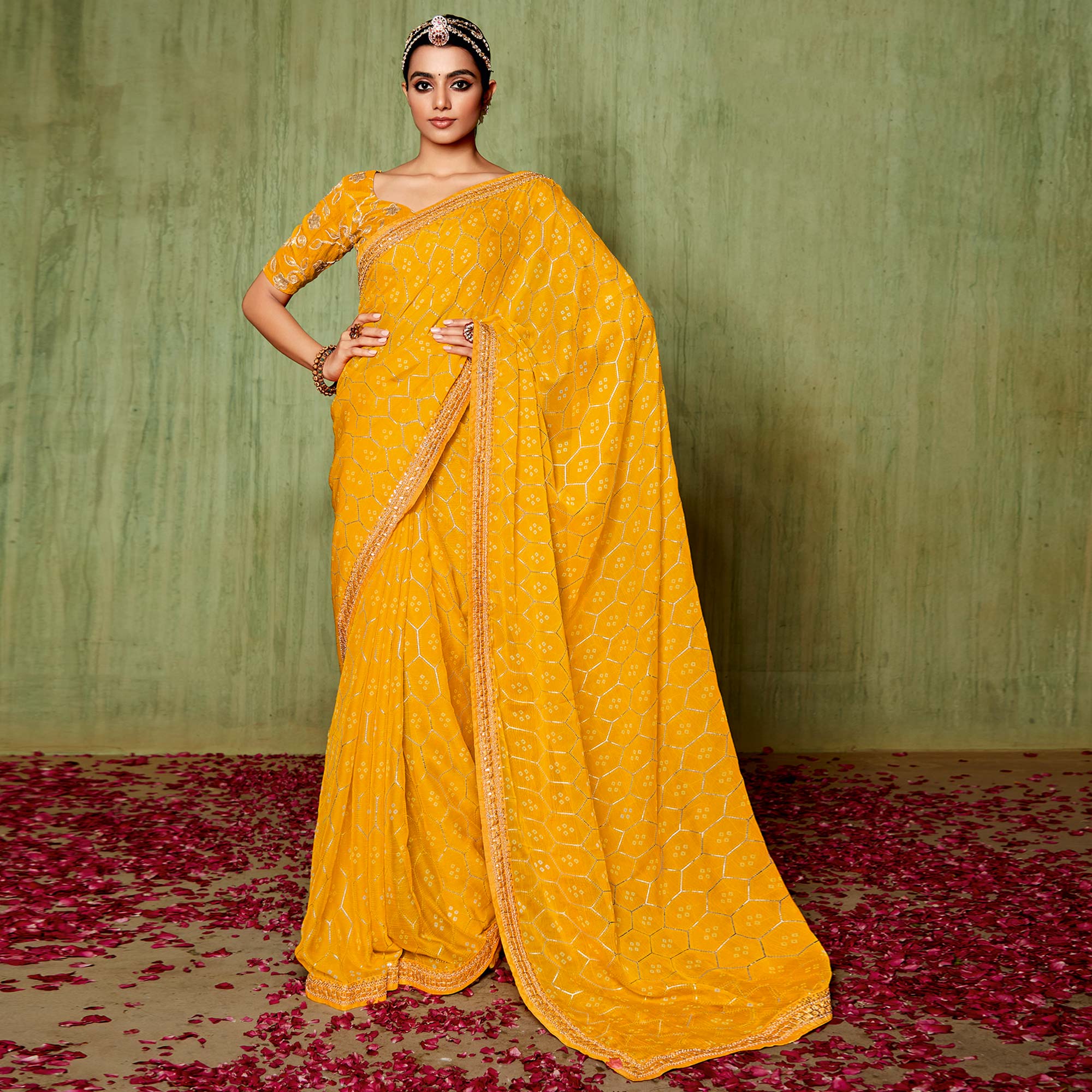 Mustard Foil Printed With Embroidered Border Chiffon Saree