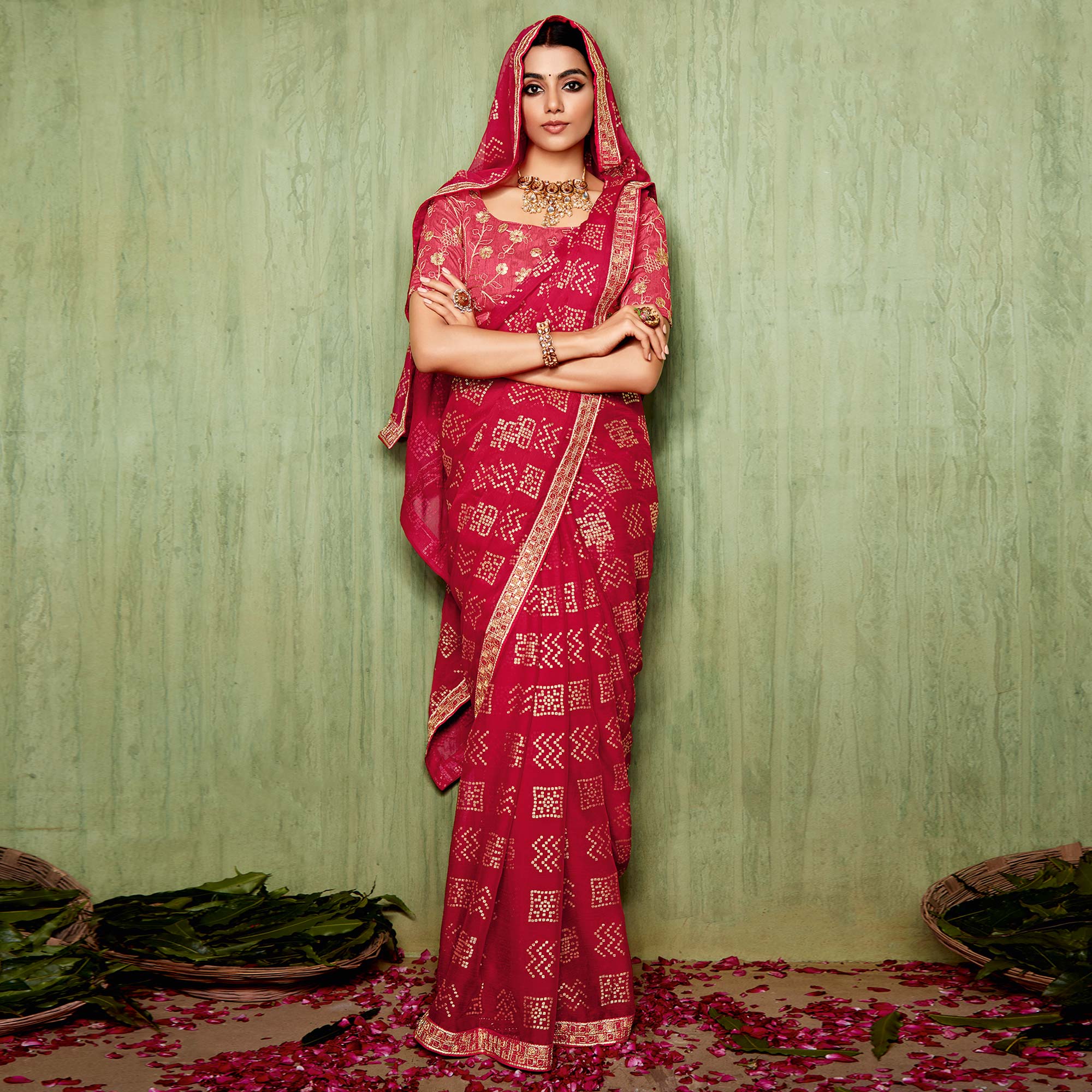 Red Foil Printed With Embroidered Border Chiffon Saree