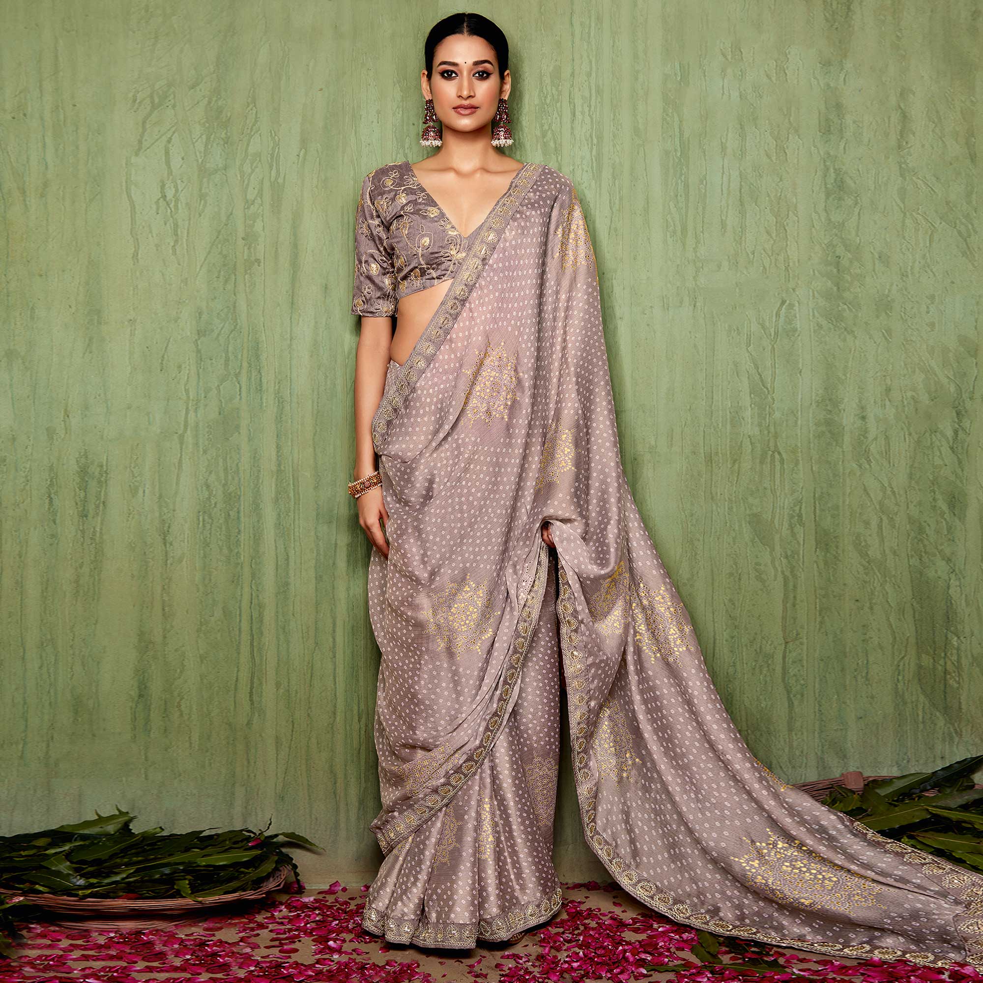Taupe Foil Printed With Embroidered Border Chiffon Saree