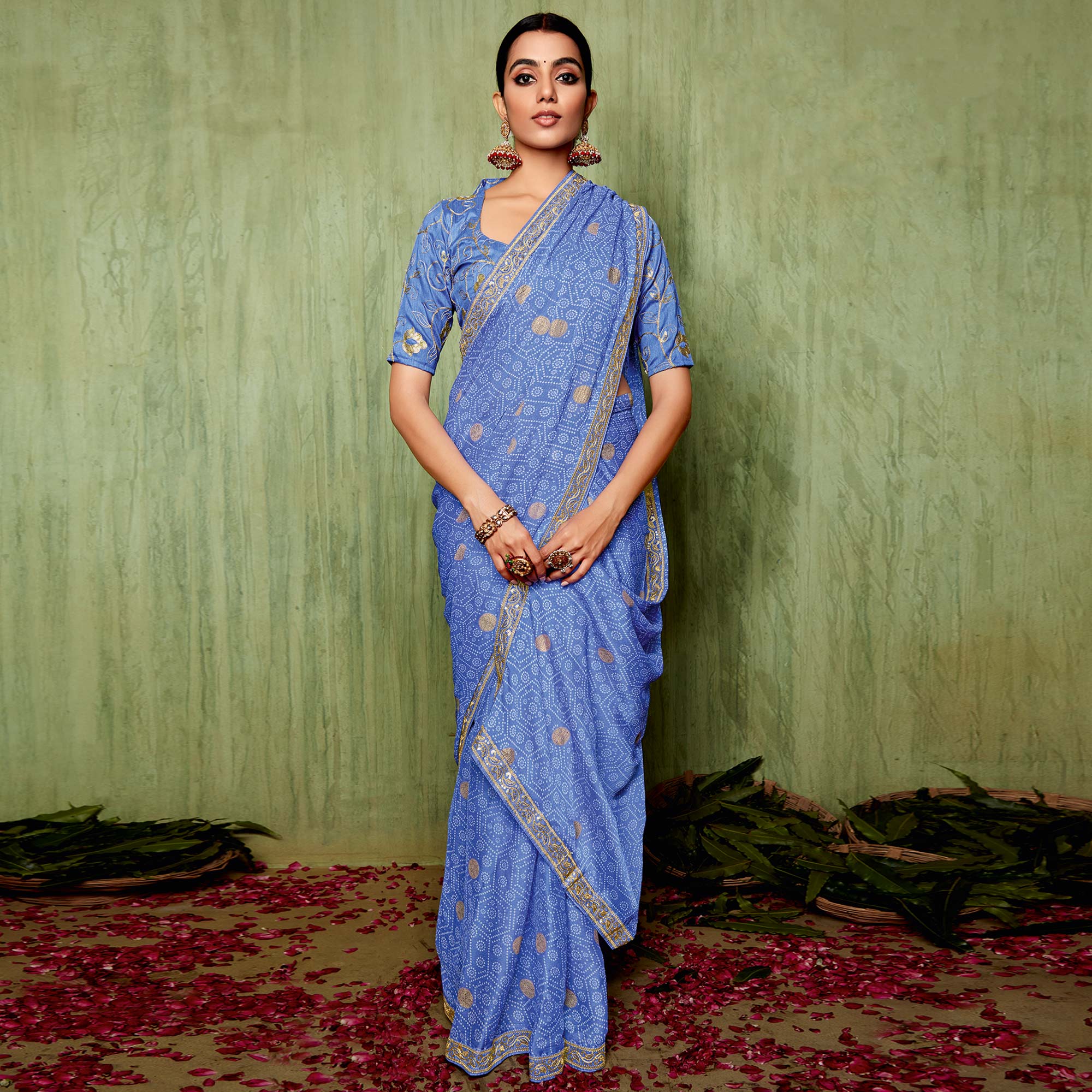 Blue Foil Printed With Embroidered Border Chiffon Saree