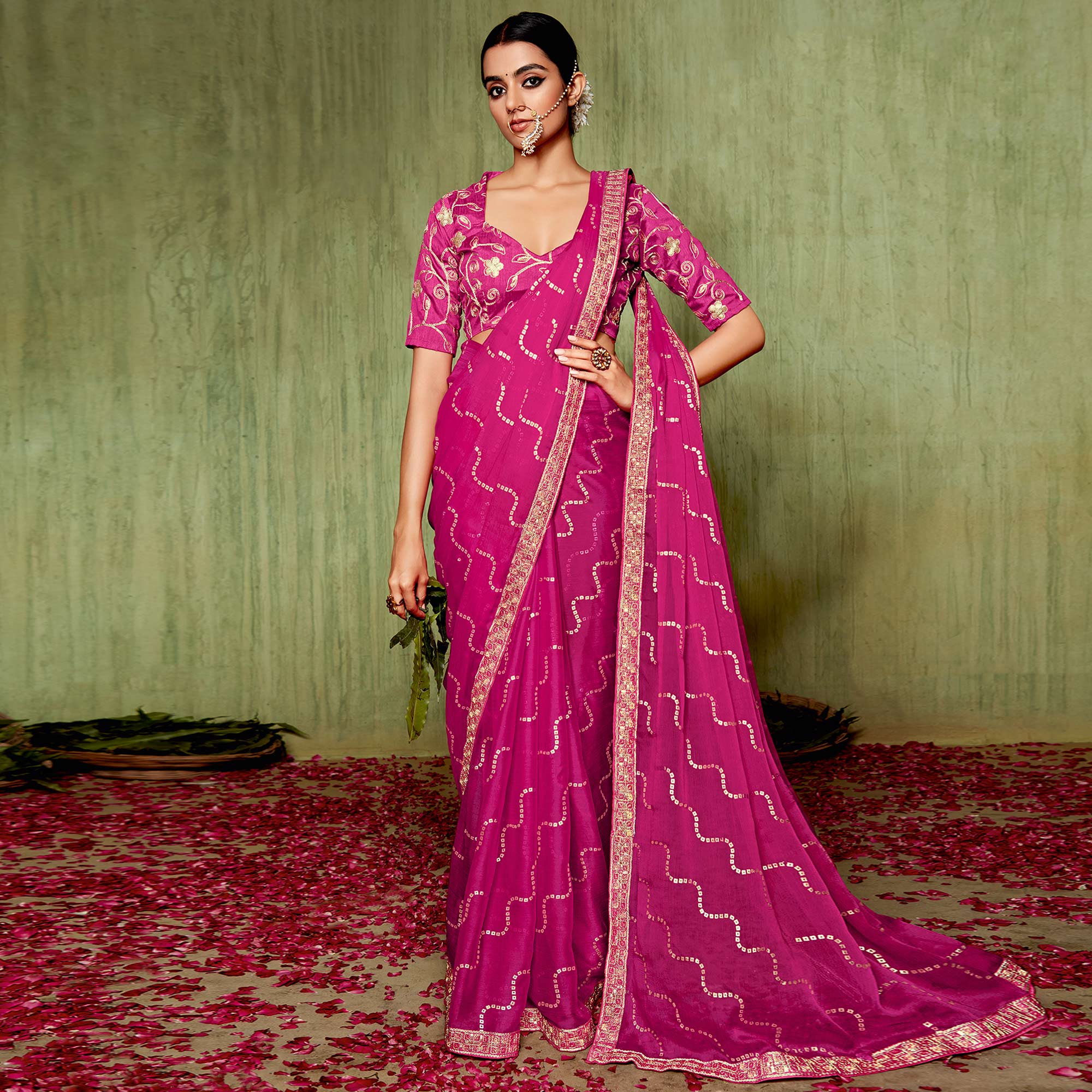 Magenta Foil Printed With Embroidered Border Chiffon Saree