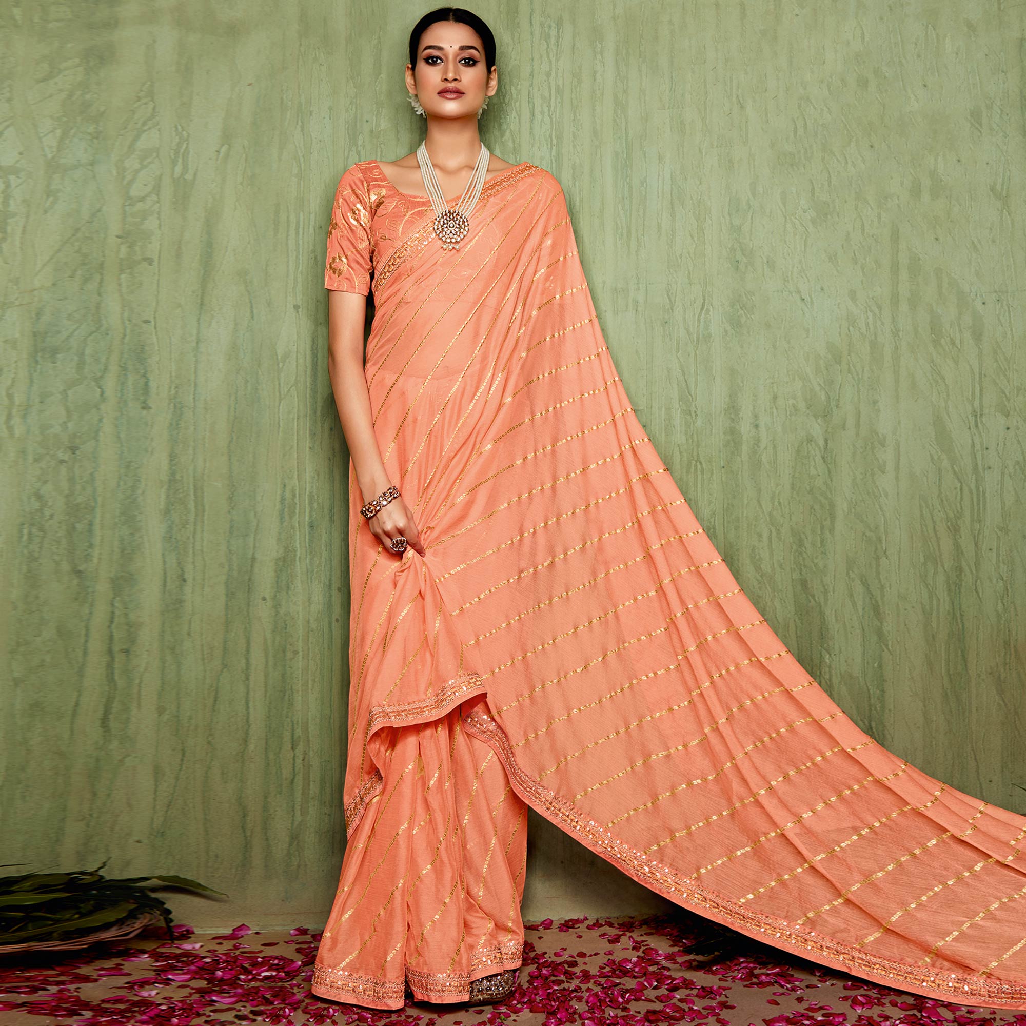Peach Foil Printed With Embroidered Border Chiffon Saree