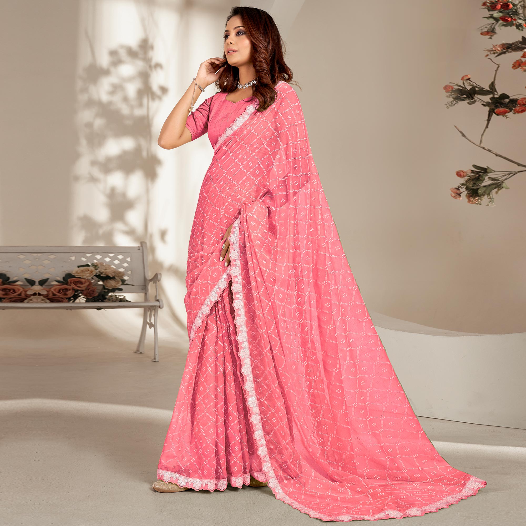 Pink Floral Printed Chiffon Saree With Embroidered Border