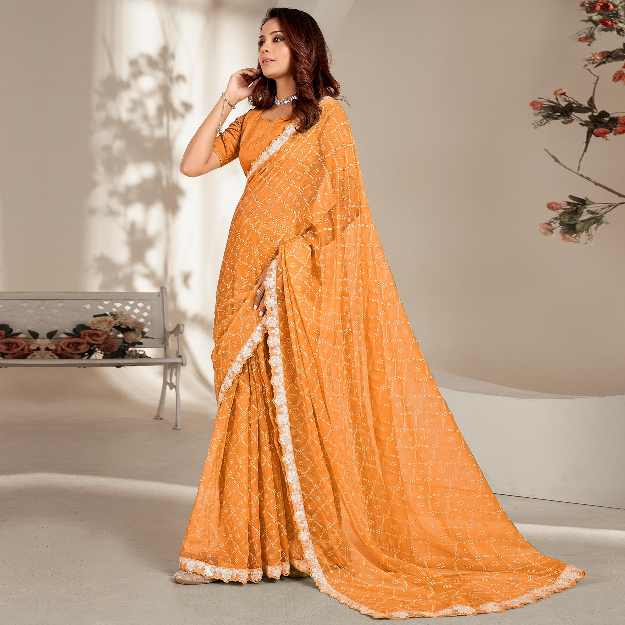 Mustard Floral Printed Chiffon Saree With Embroidered Border