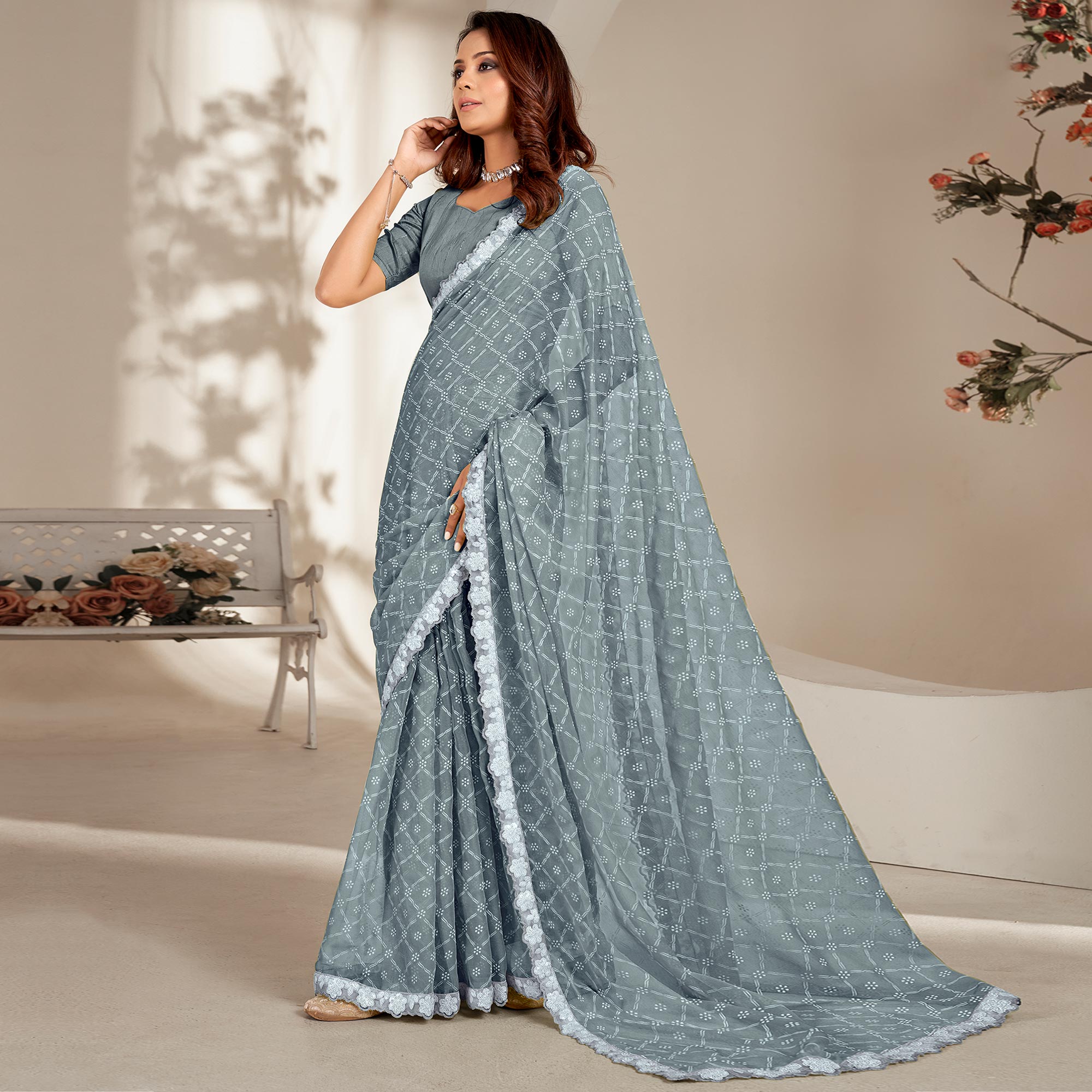 Grey Floral Printed Chiffon Saree With Embroidered Border