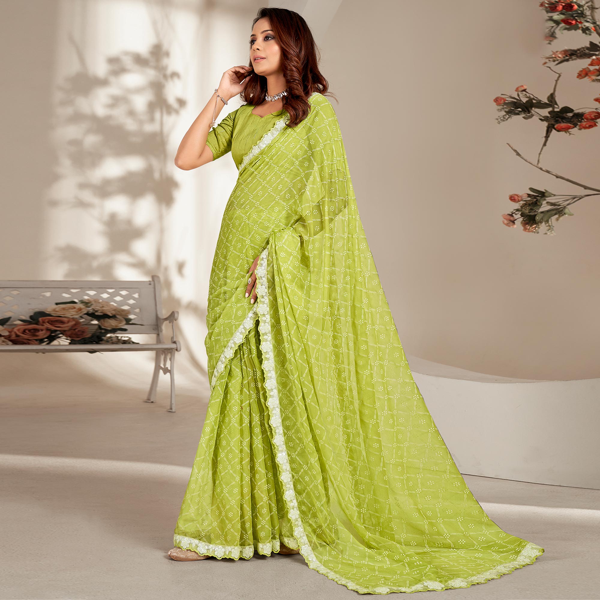 Green Floral Printed Chiffon Saree With Embroidered Border