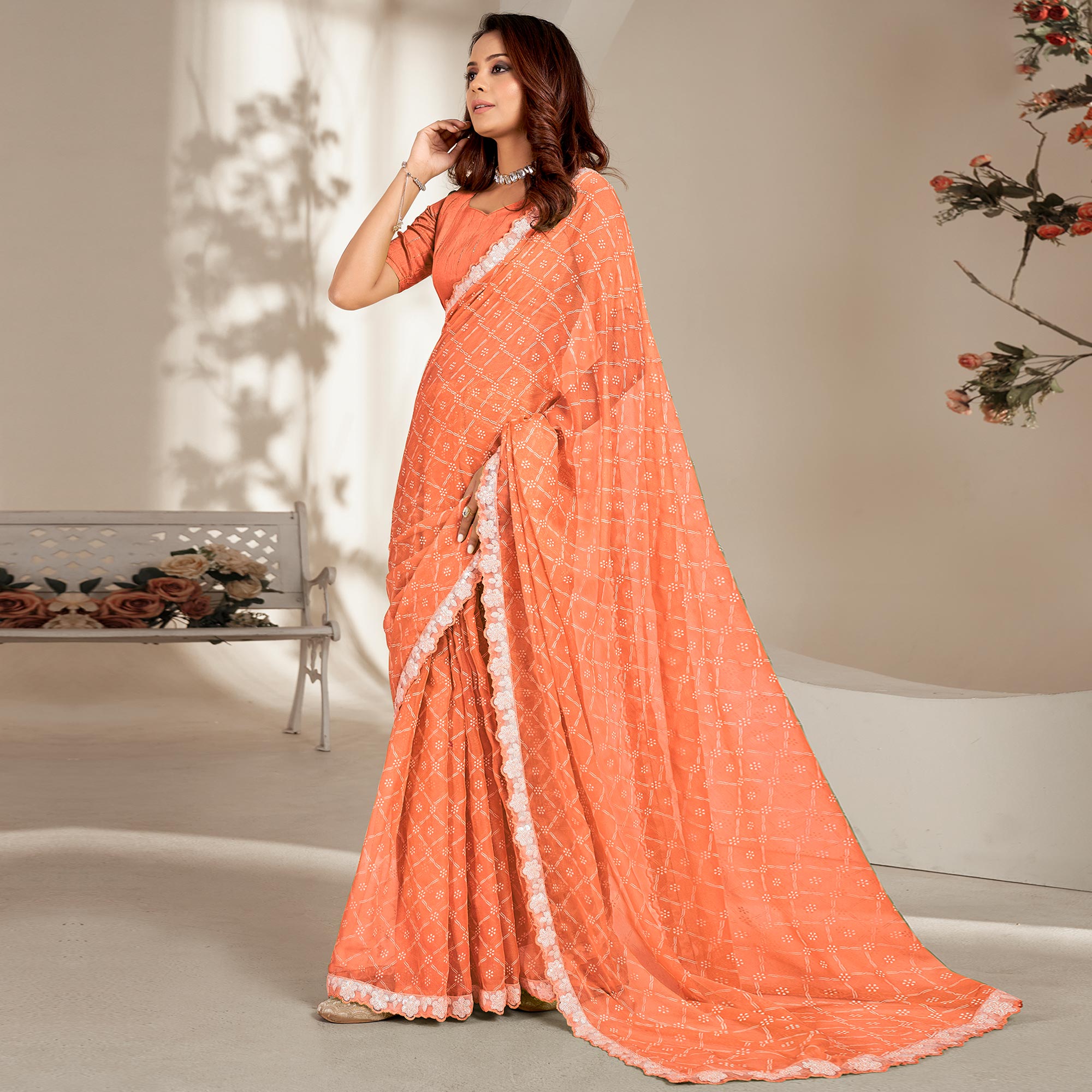 Peach Floral Printed Chiffon Saree With Embroidered Border