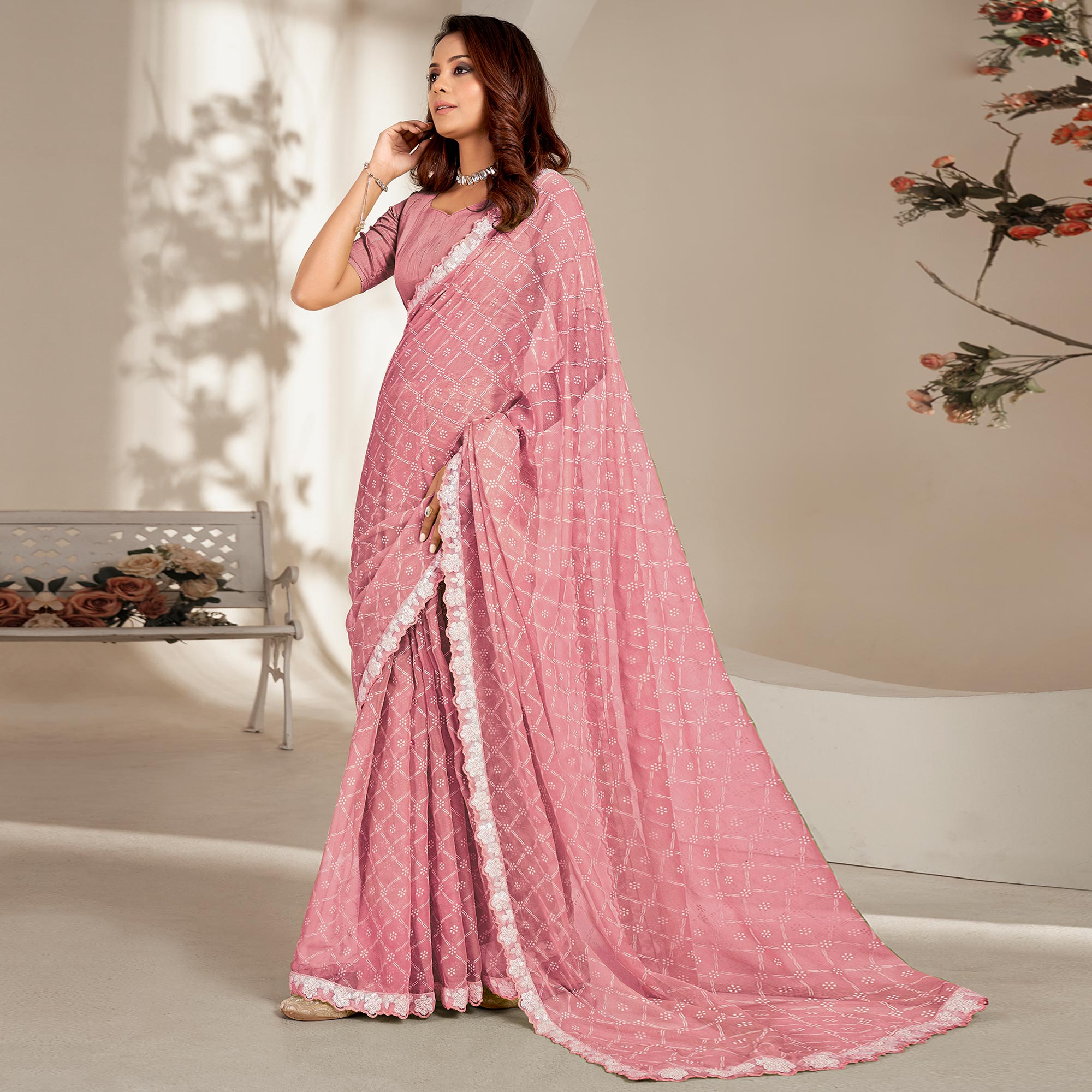 Dusty Pink Floral Printed Chiffon Saree With Embroidered Border