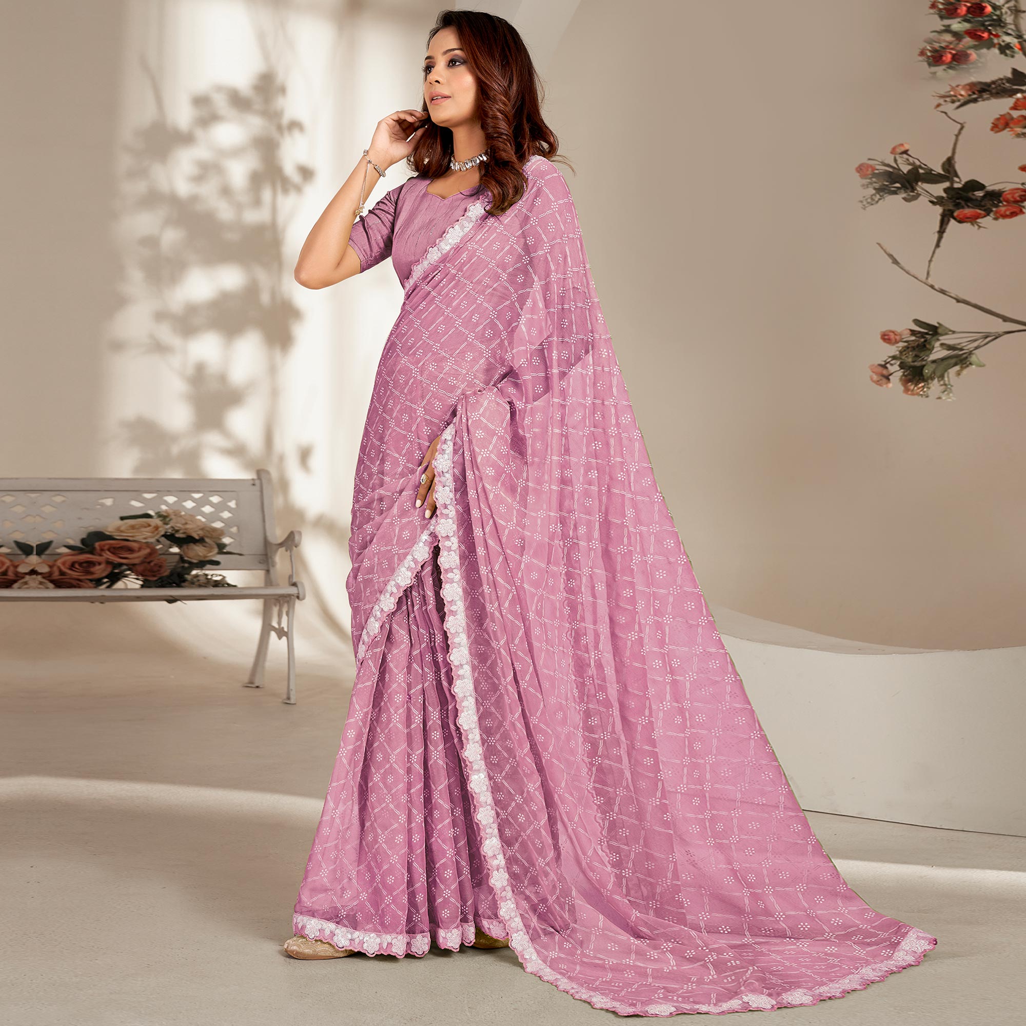 Mauve Floral Printed Chiffon Saree With Embroidered Border