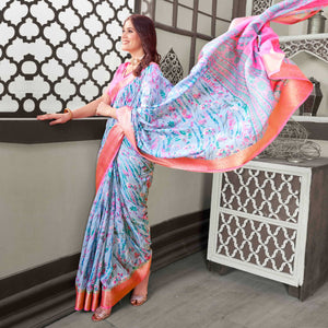 Blue Floral Printed Cotton Blend Saree With Jacquard Border