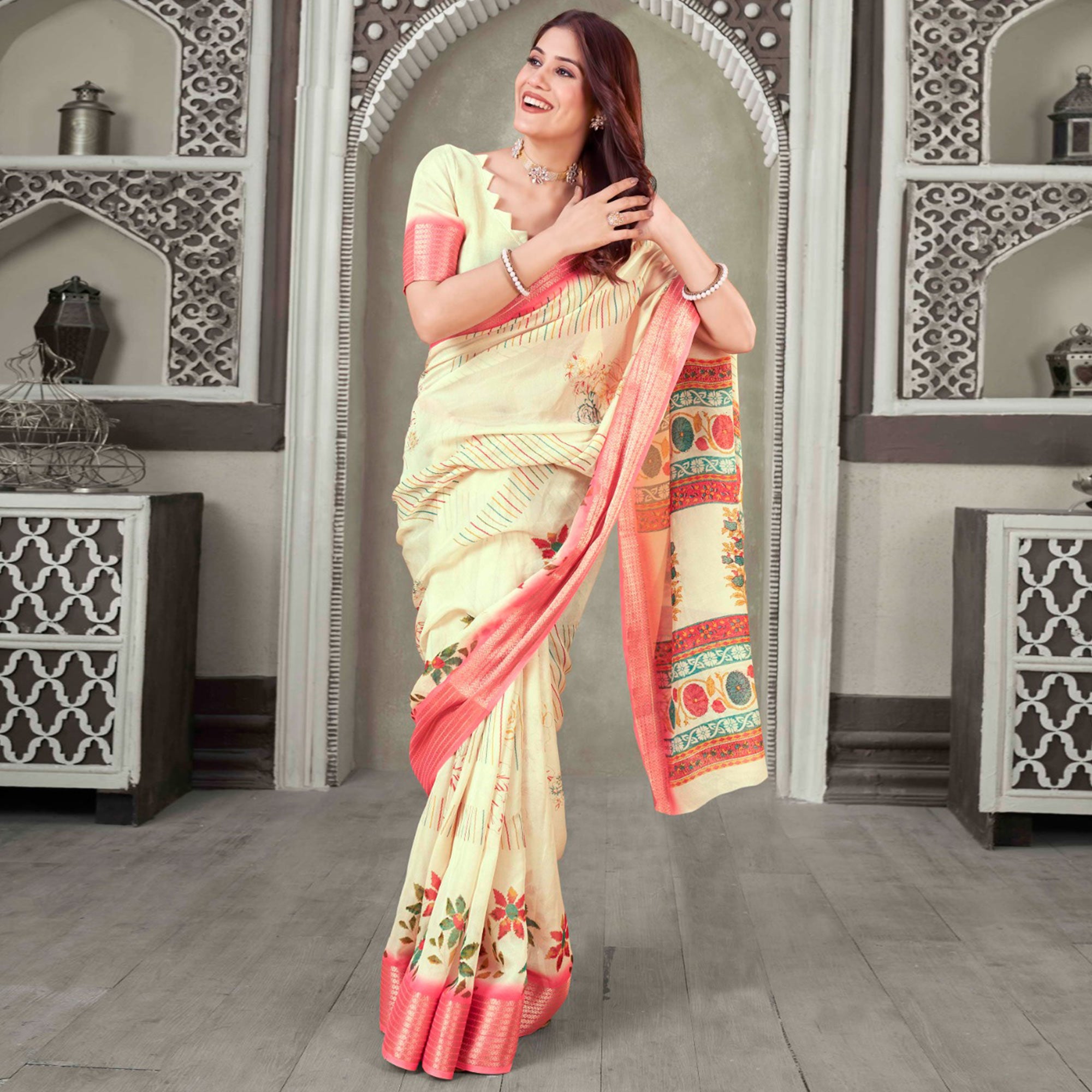 Cream Floral Printed Cotton Blend Saree With Jacquard Border