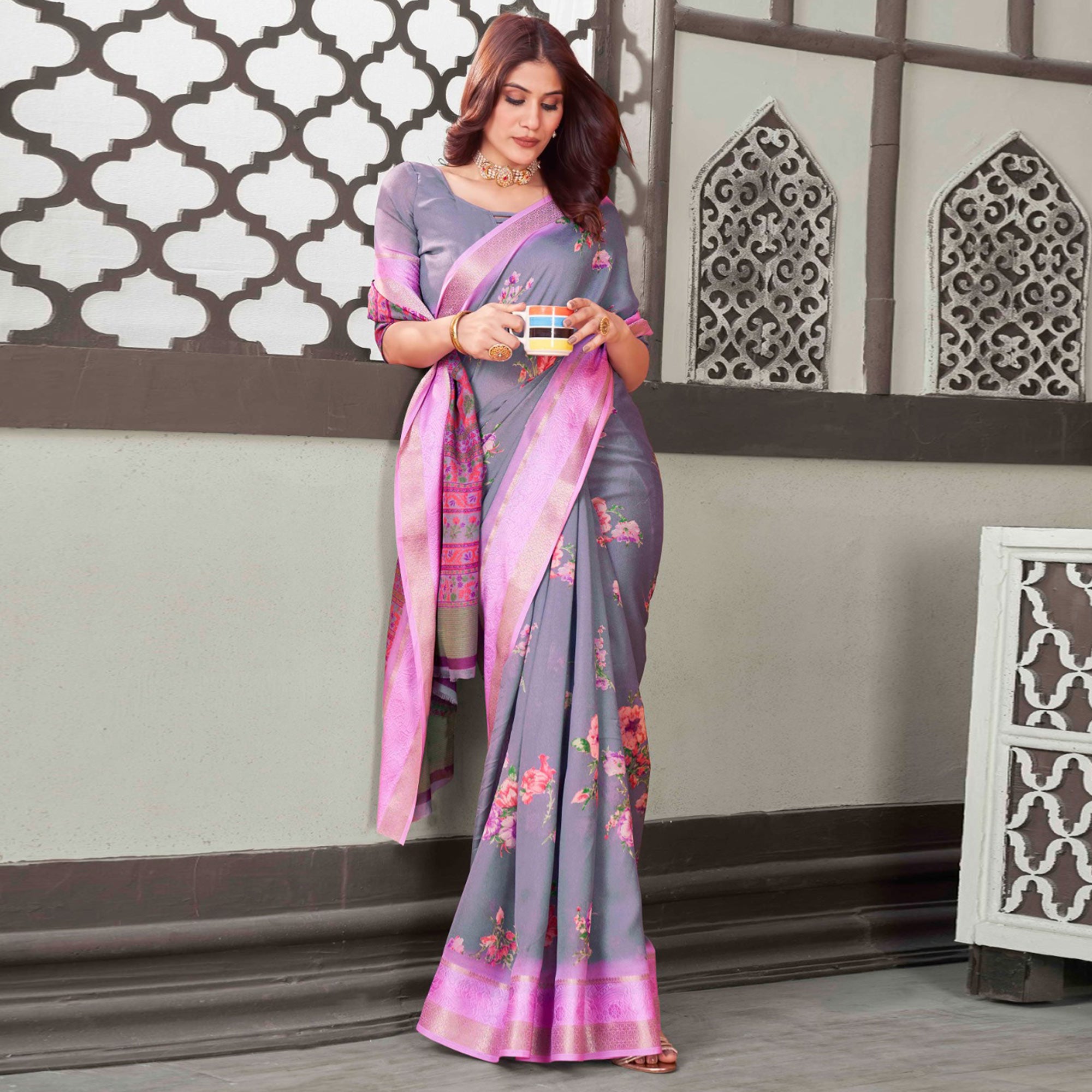 Grey Floral Printed Cotton Blend Saree With Jacquard Border
