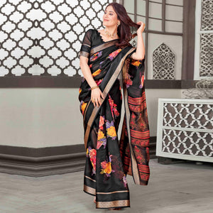 Black Floral Printed Cotton Blend Saree With Jacquard Border