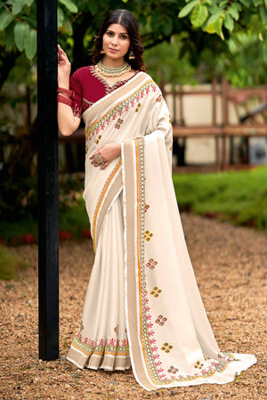 Abstract Printed Cream Saree in Cotton Blend Fabric