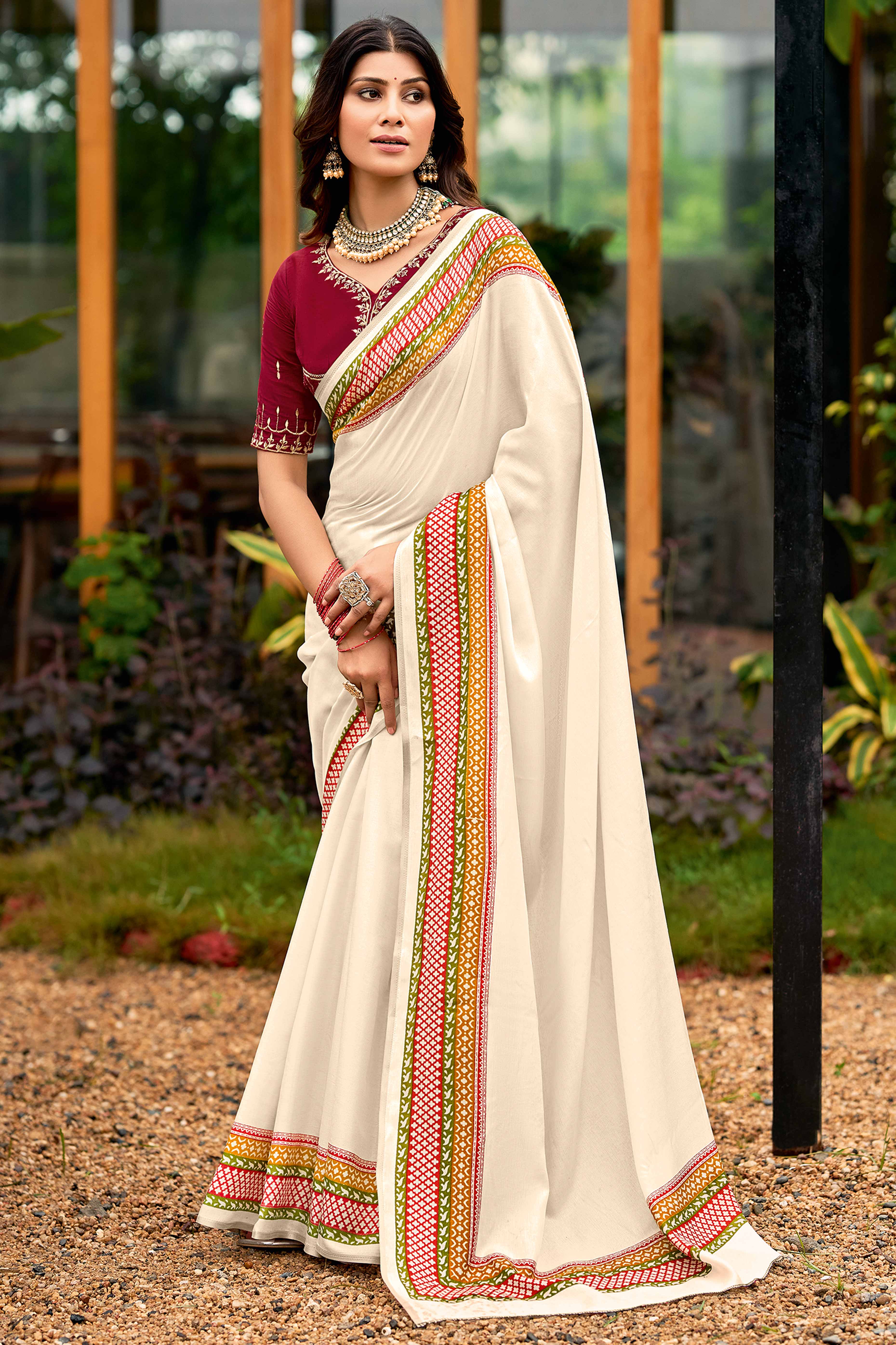 Classic Cream Cotton Blend Saree Featuring Abstract Print Design