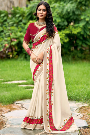 Elegant Cream Cotton Blend Saree with Abstract Motifs