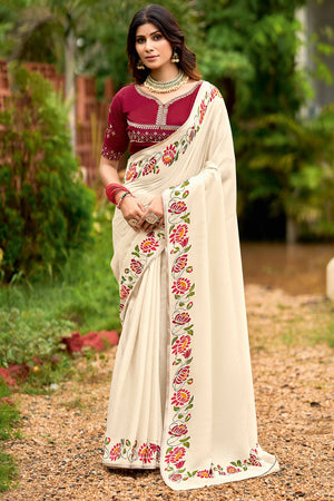 Designer Cream Abstract Printed Cotton Blend Saree