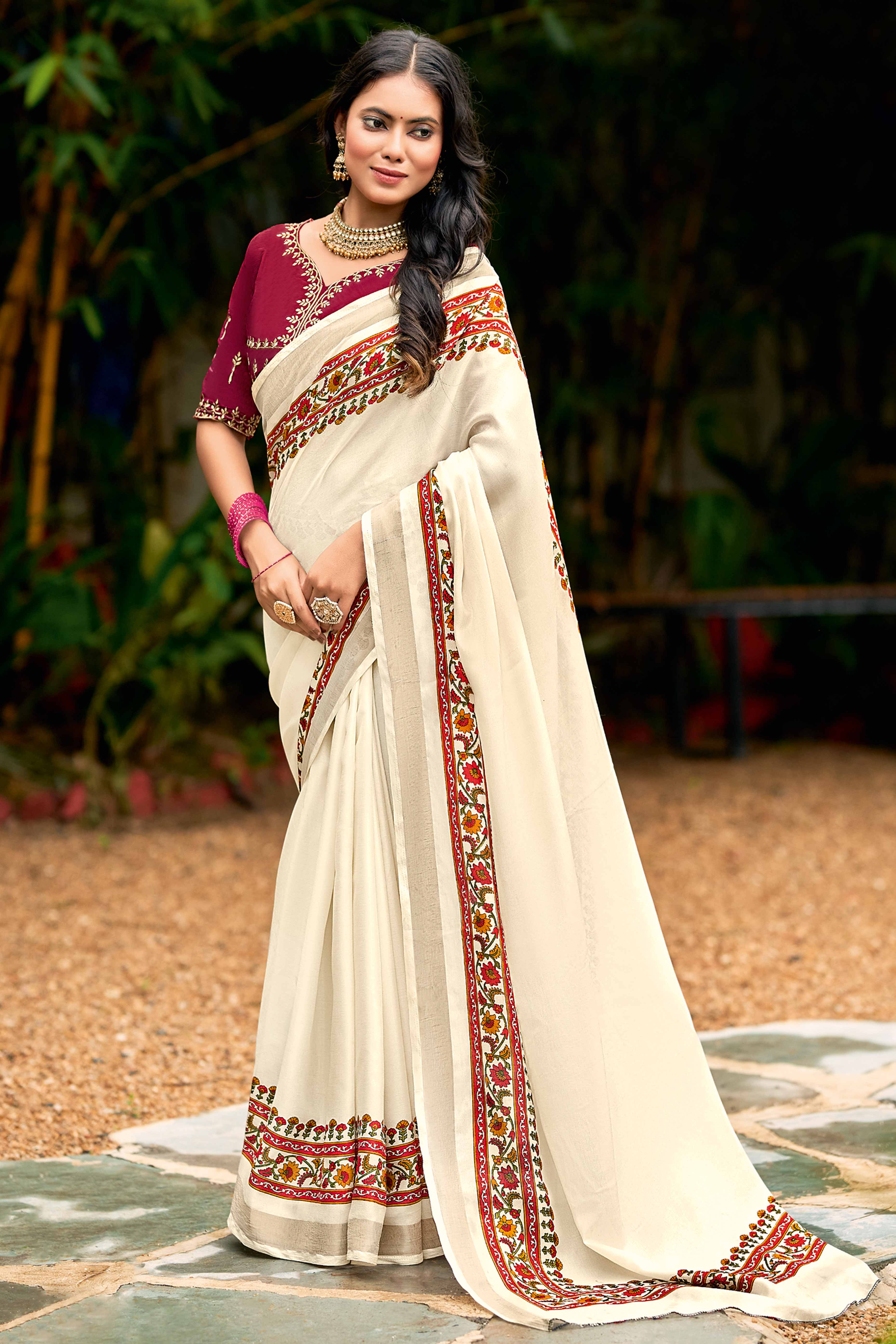 Exclusive Cream Abstract Printed Saree in Cotton Blend Fabric
