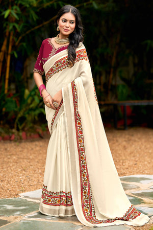 Exclusive Cream Abstract Printed Saree in Cotton Blend Fabric