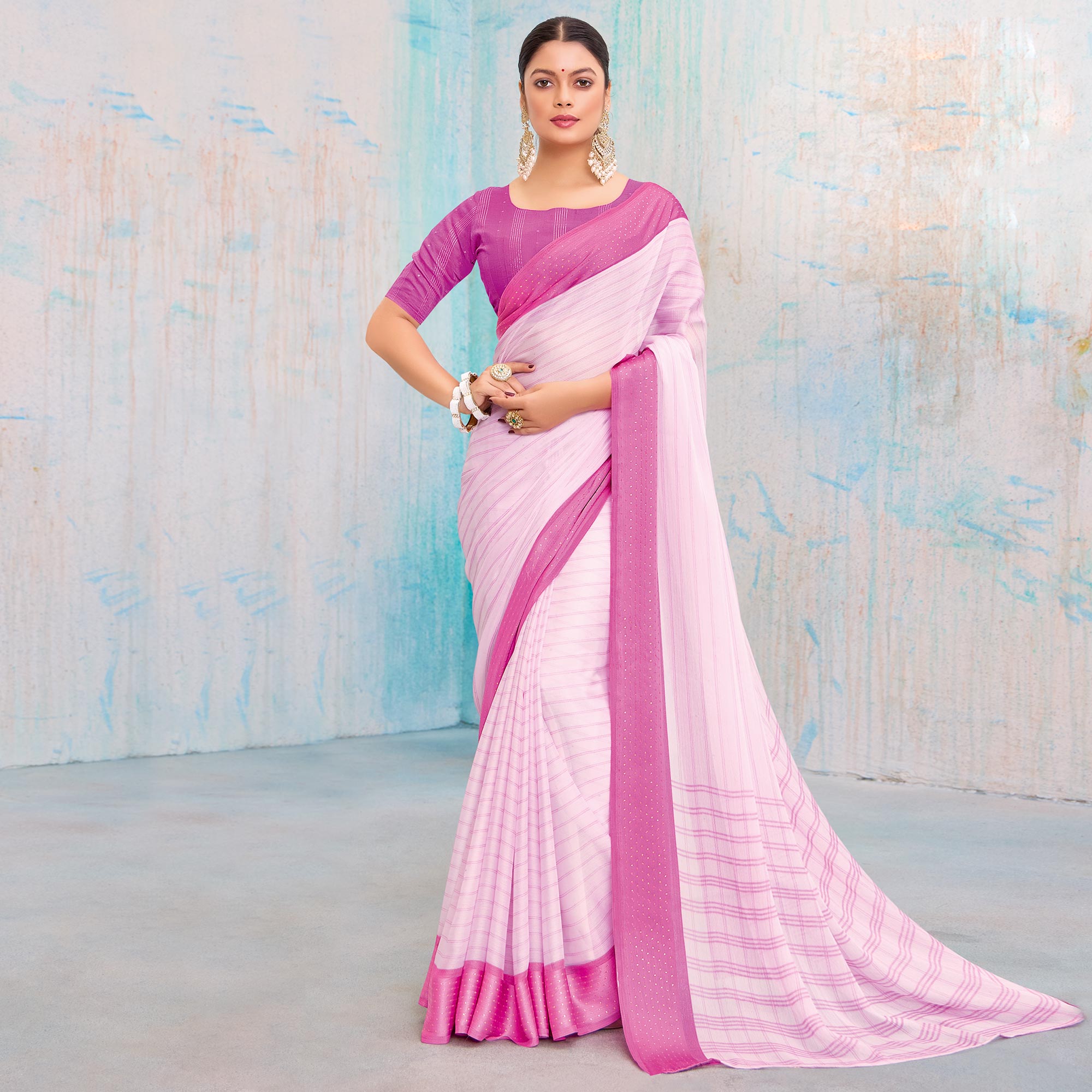 Purple Printed Chiffon Saree With Weaving Border