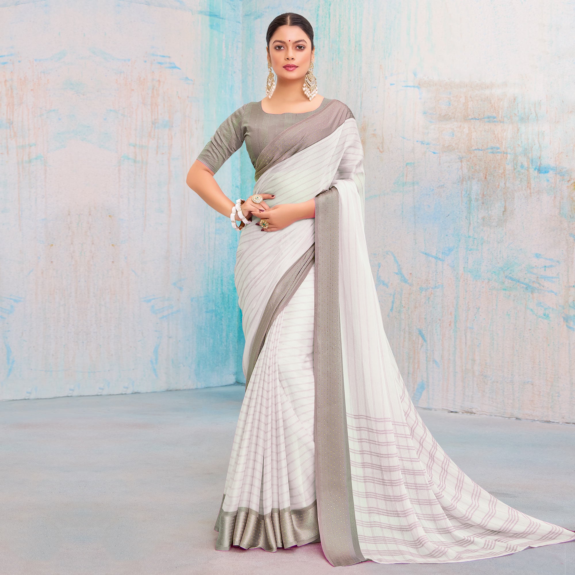 Grey Printed Chiffon Saree With Weaving Border