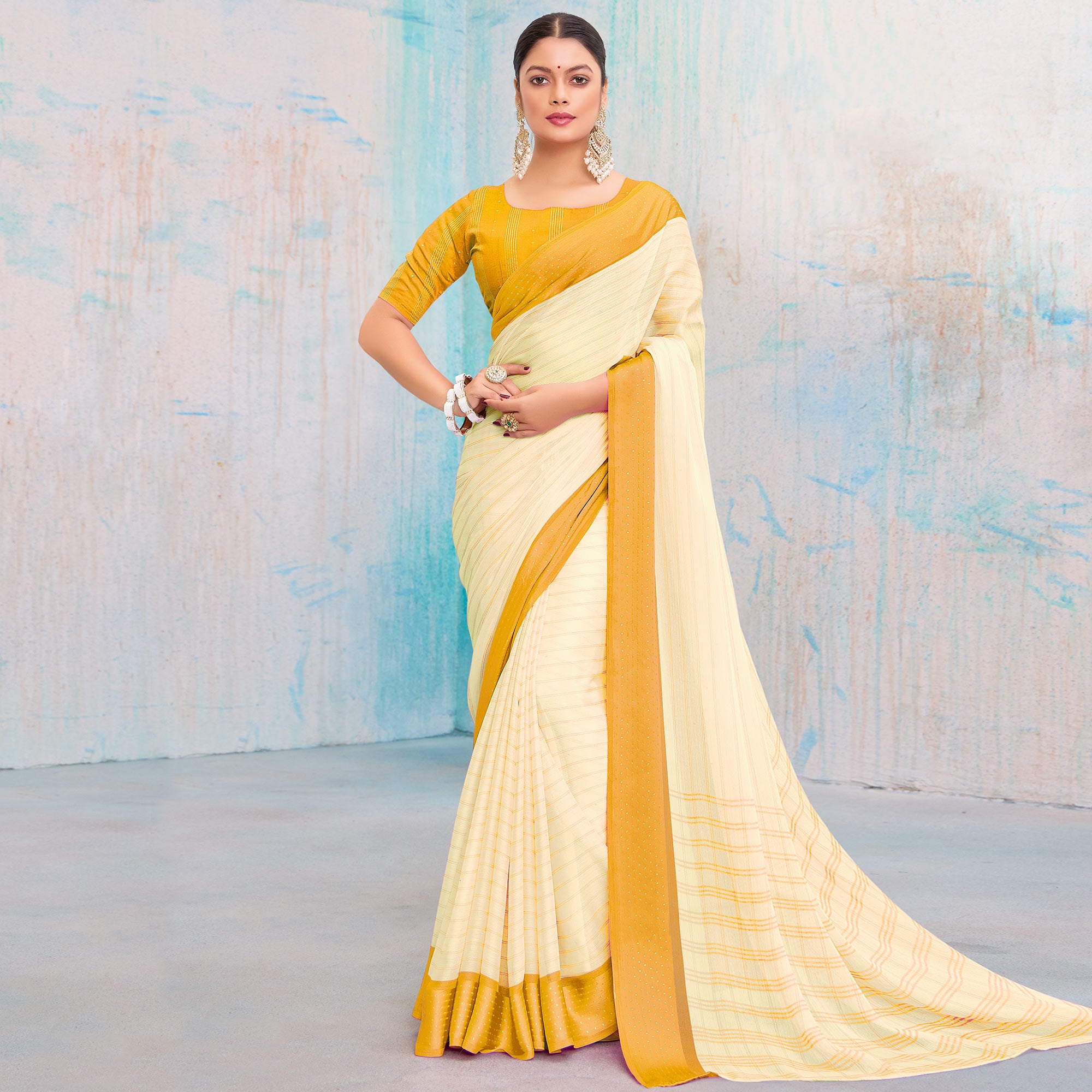 Mustard Printed Chiffon Saree With Weaving Border