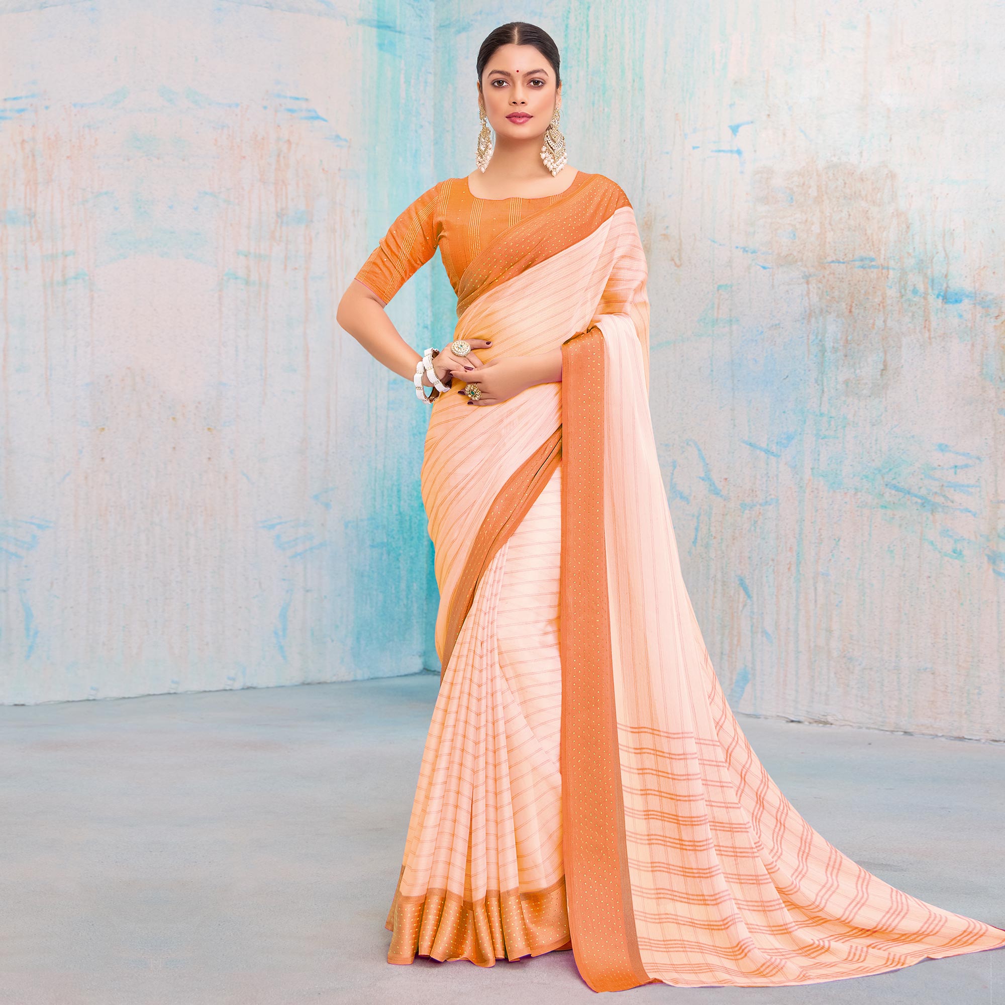 Orange Printed Chiffon Saree With Weaving Border