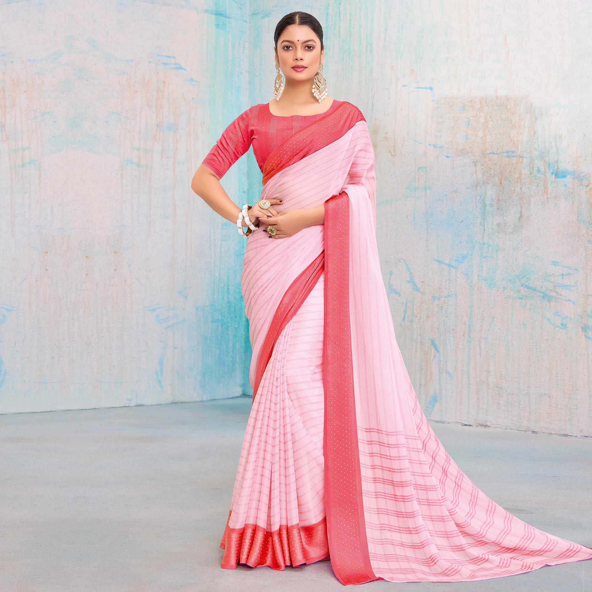 Gajri Pink Printed Chiffon Saree With Weaving Border