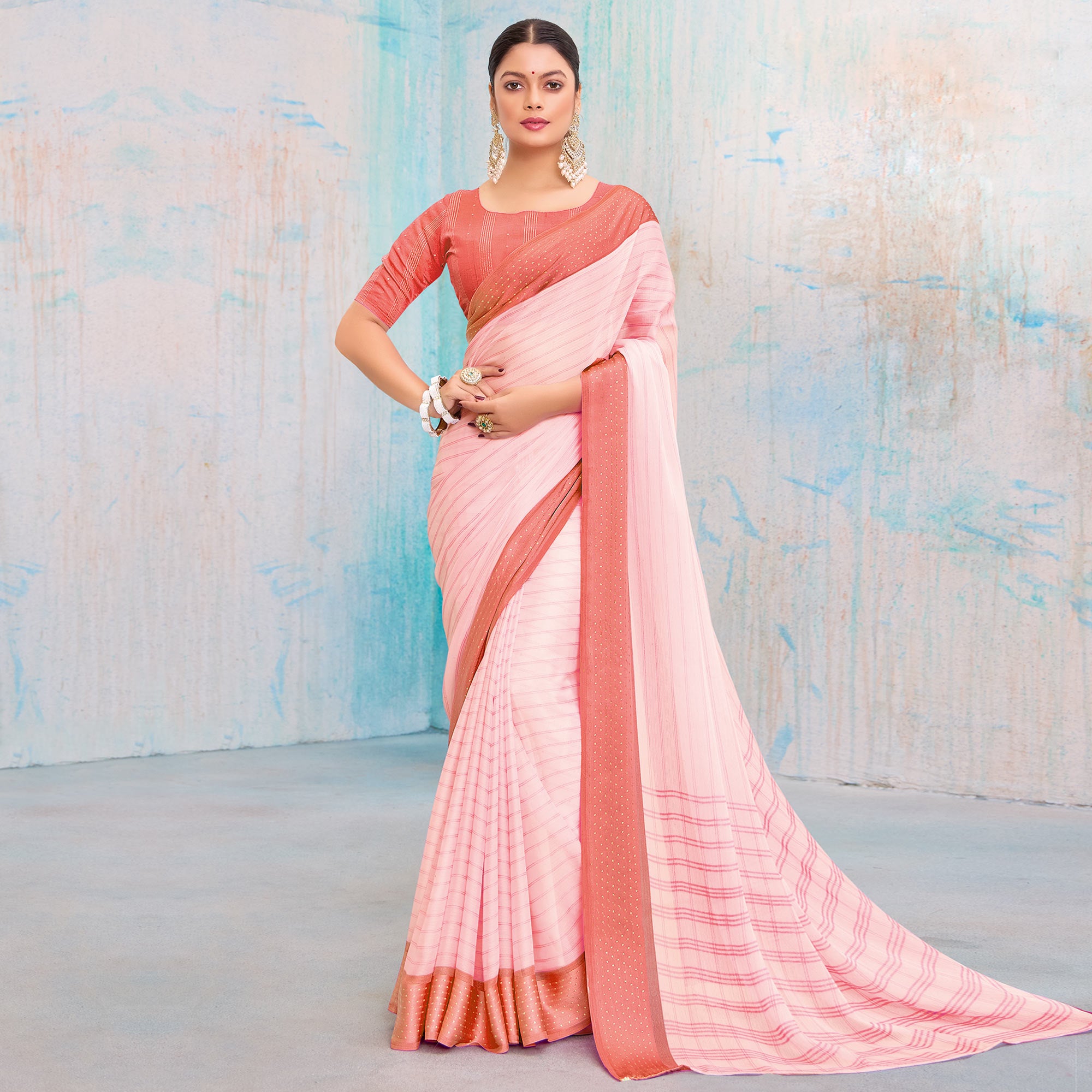 Peach Printed Chiffon Saree With Weaving Border