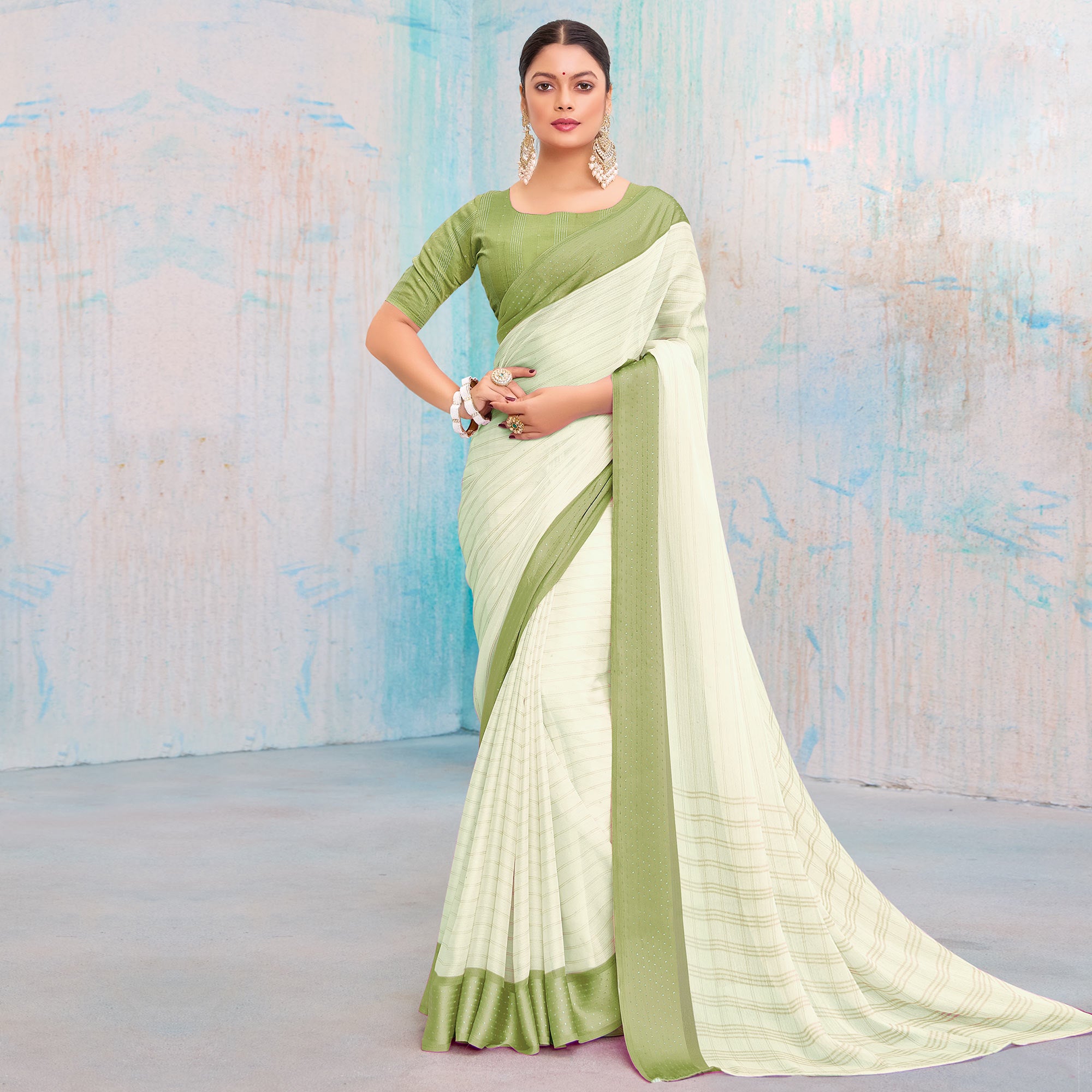 Green Printed Chiffon Saree With Weaving Border