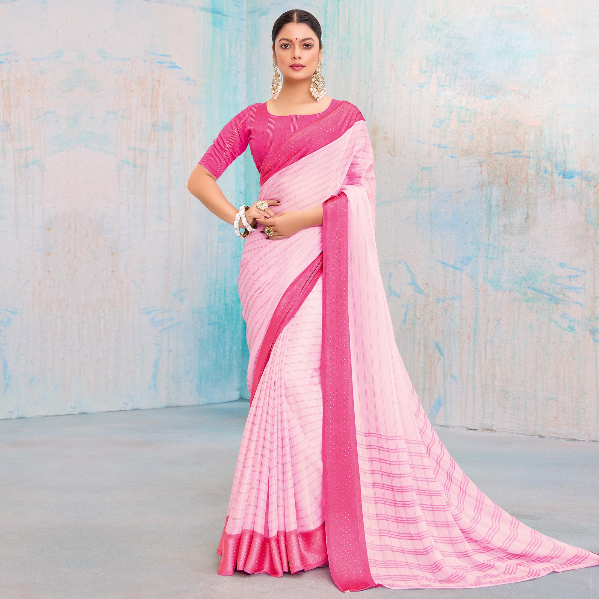 Pink Printed Chiffon Saree With Weaving Border