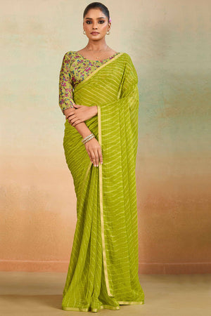 Green Leheriya Chiffon Saree Accented With Elegant Zari Lace Border Work