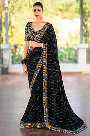 Black Bandhani Printed Georgette Saree With Sparkling Sequin Embroidered Border
