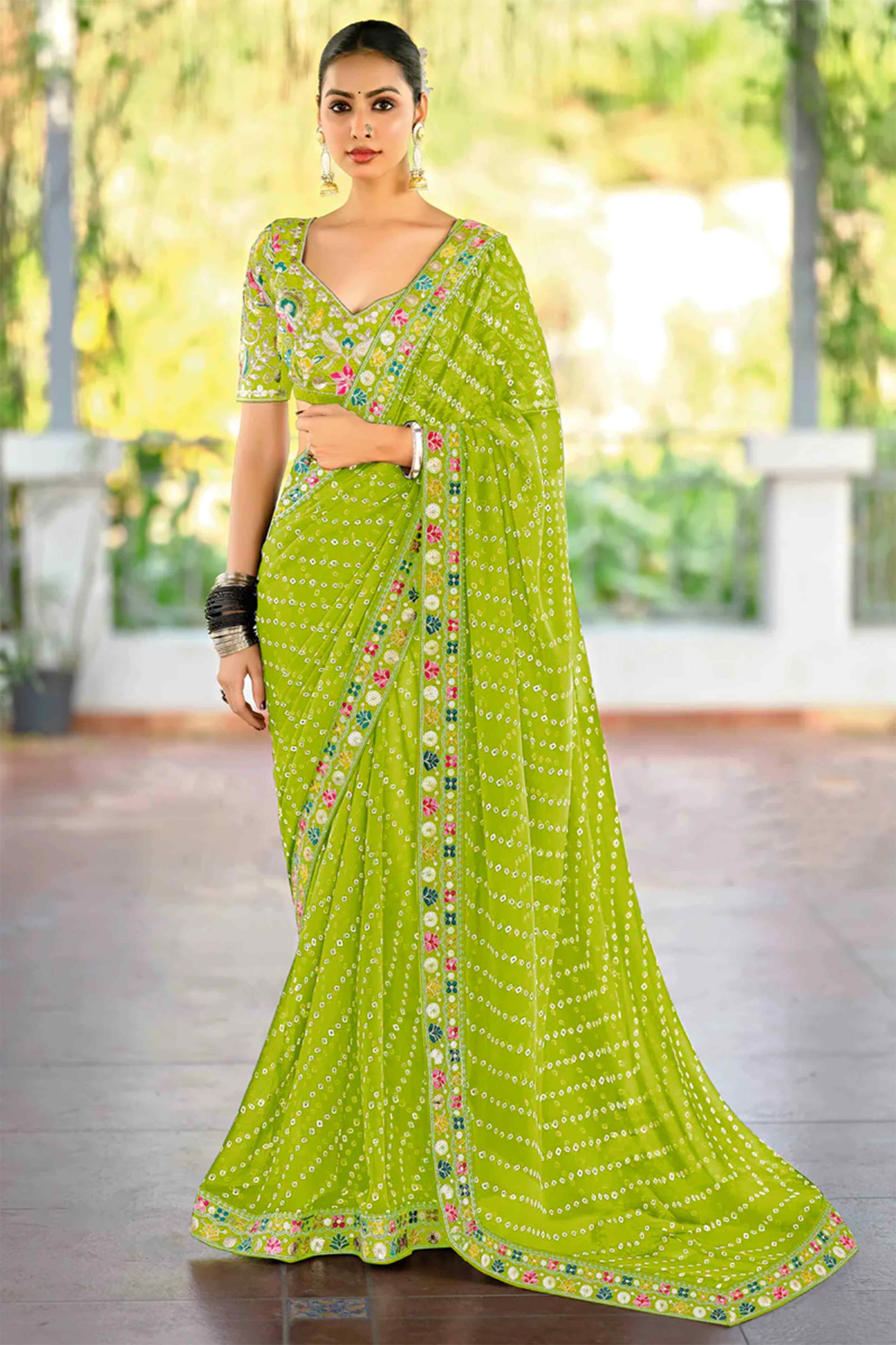 Parrot Green Bandhani Printed Georgette Saree With Sparkling Sequin Embroidered Border