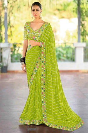 Parrot Green Bandhani Printed Georgette Saree With Sparkling Sequin Embroidered Border