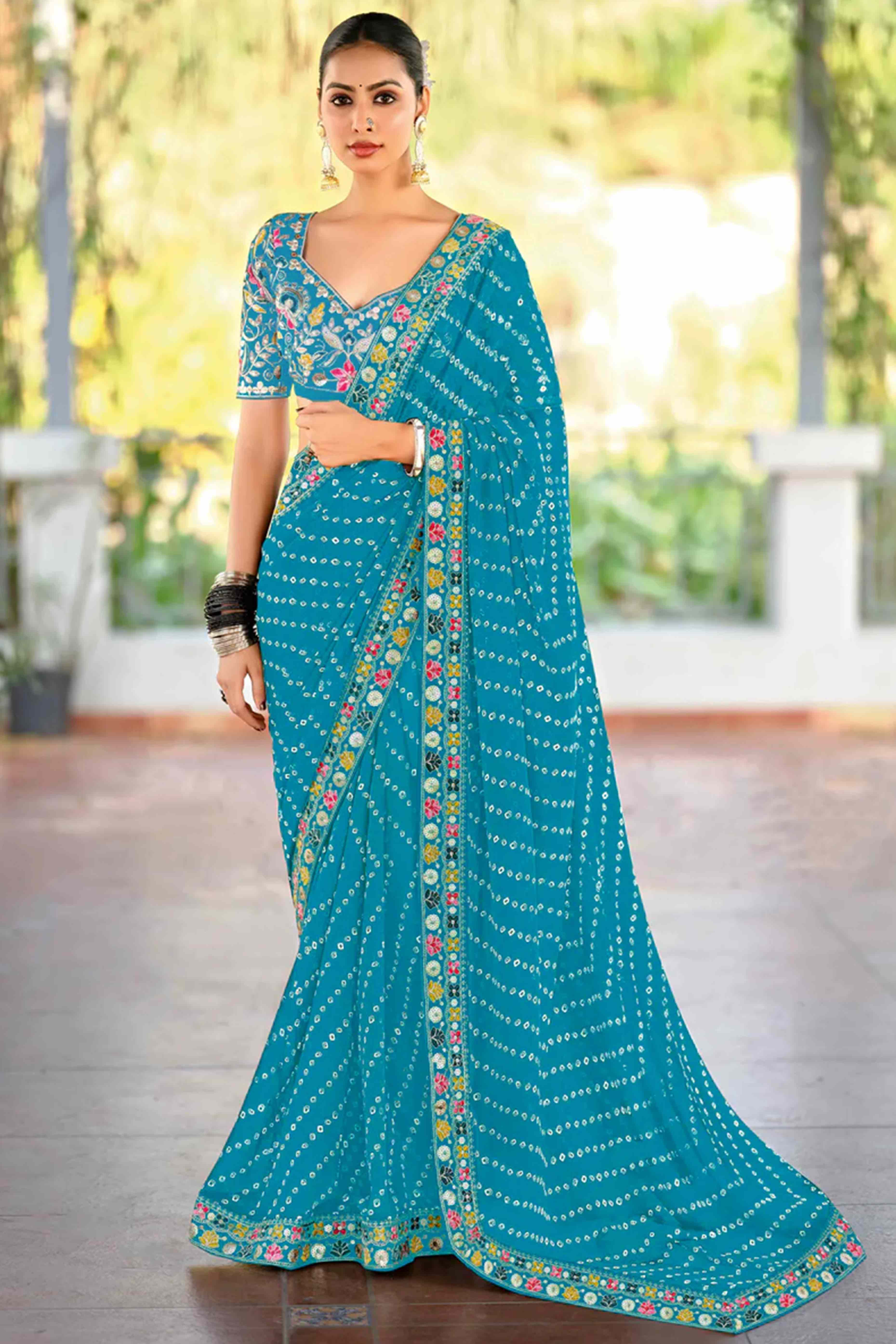Blue Bandhani Printed Georgette Saree With Sparkling Sequin Embroidered Border