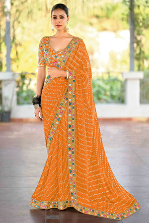 Orange Bandhani Printed Georgette Saree With Sparkling Sequin Embroidered Border