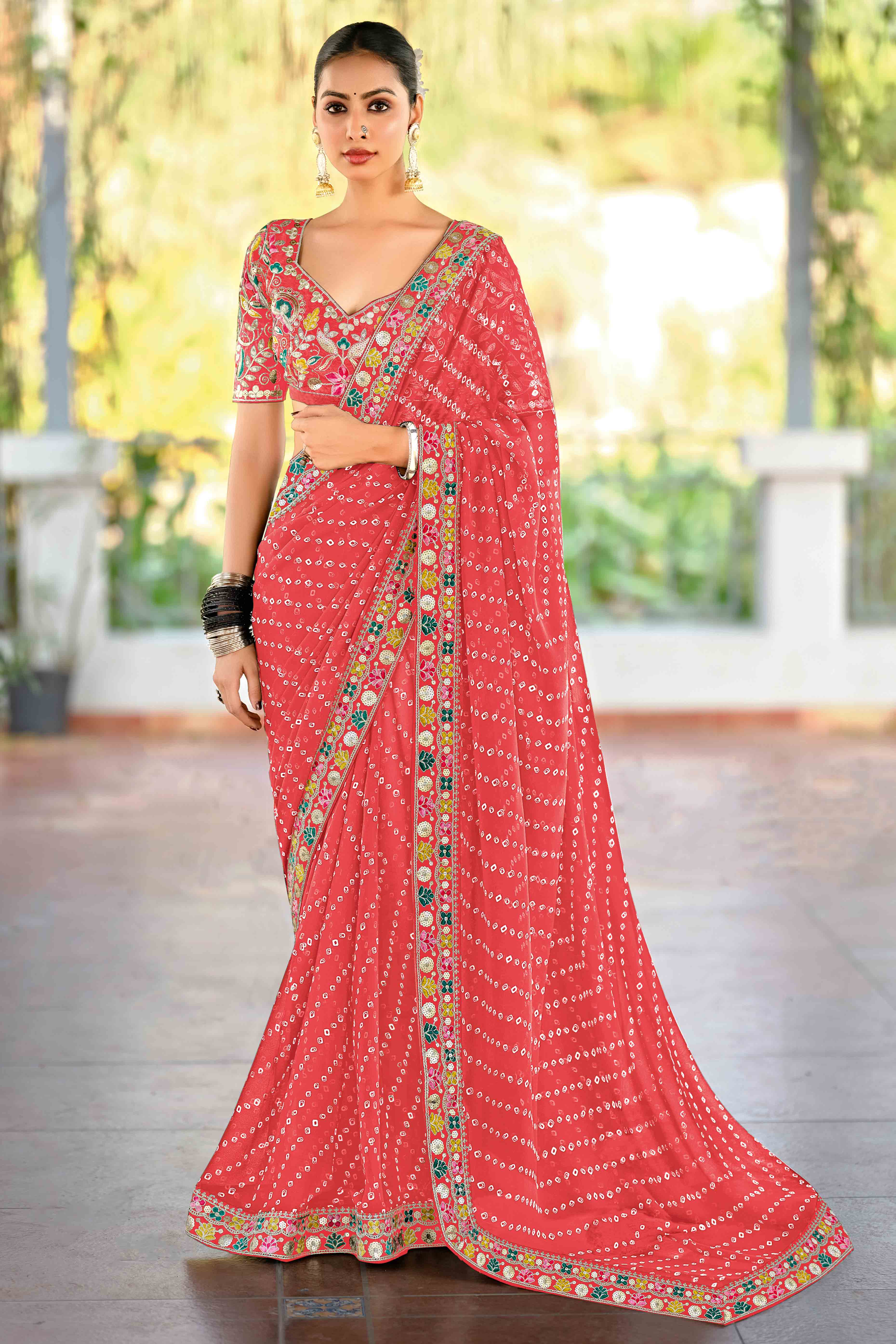 Coral Pink Bandhani Printed Georgette Saree With Sparkling Sequin Embroidered Border