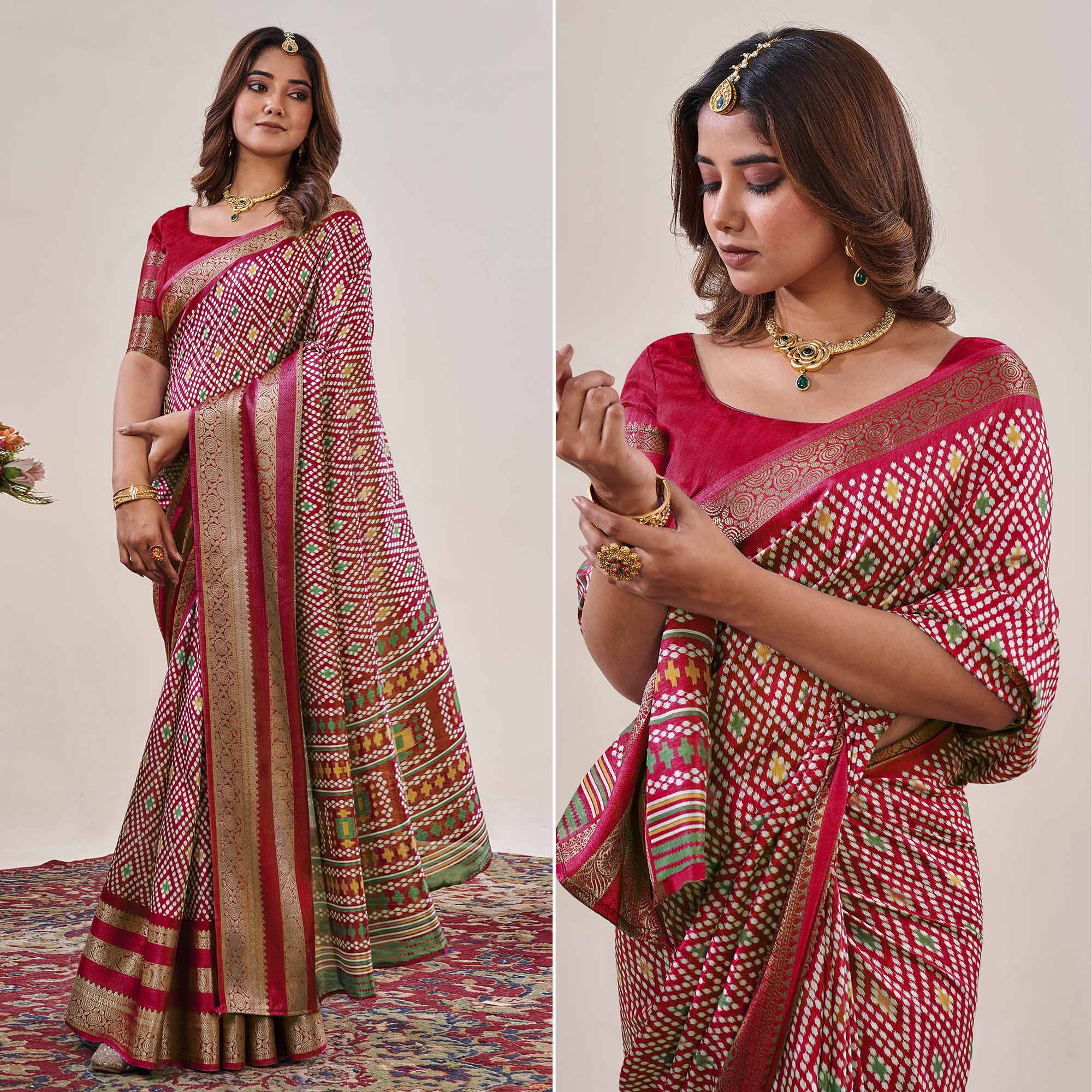 Red Ikkat Printed With Jacquard Border Cotton Silk Saree
