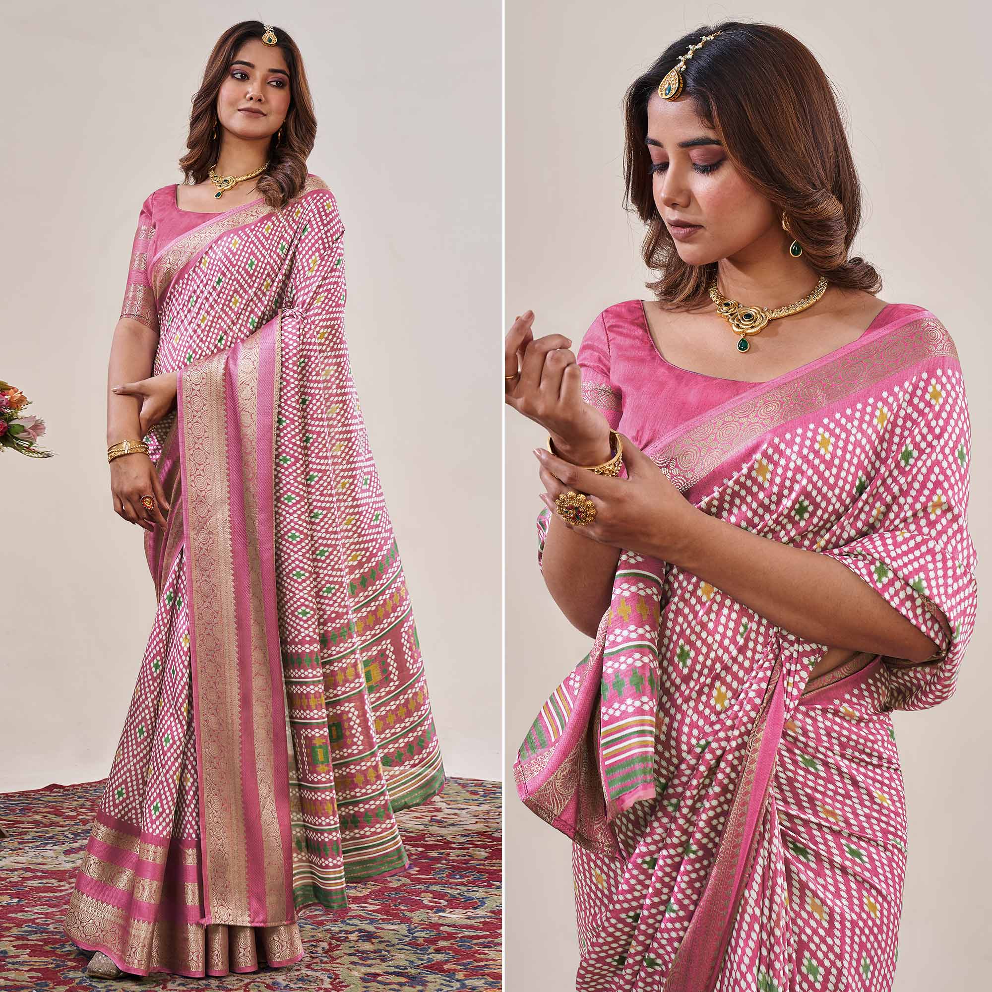 Baby Pink Ikkat Printed With Jacquard Border Cotton Silk Saree
