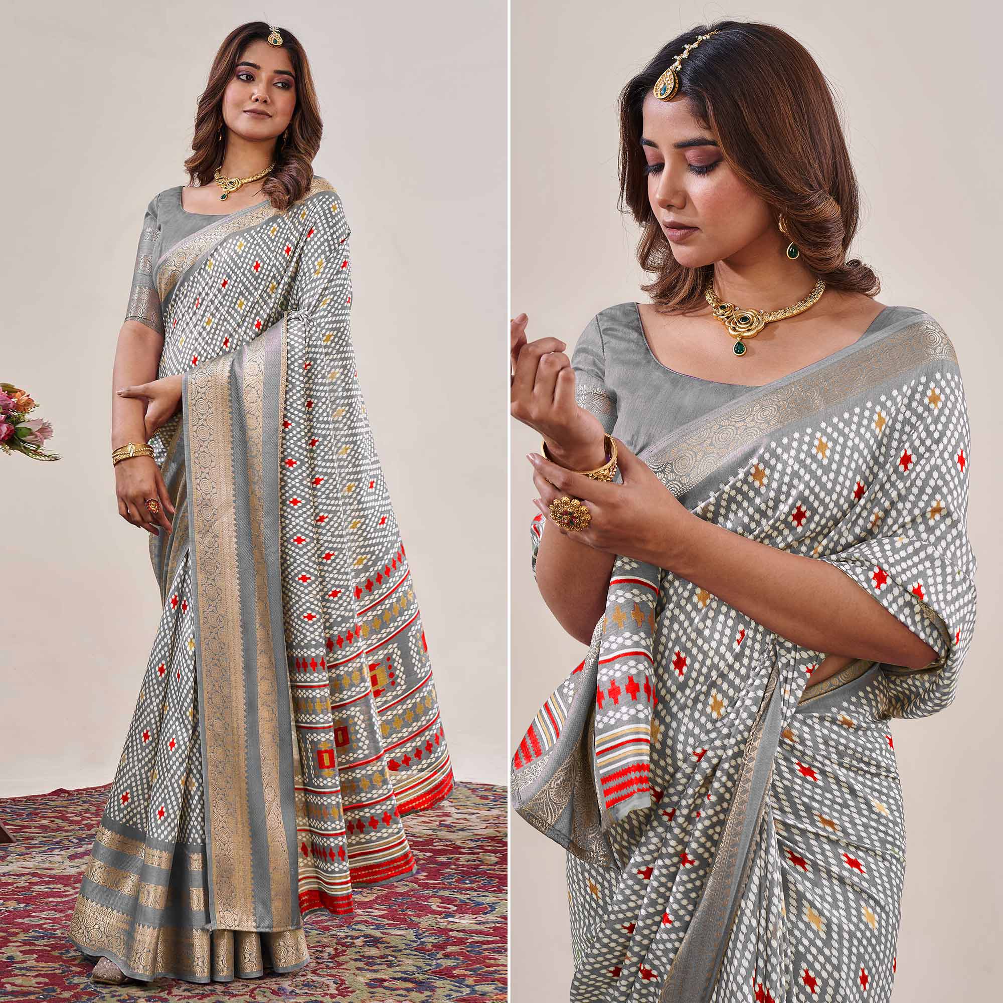 Grey Ikkat Printed With Jacquard Border Cotton Silk Saree