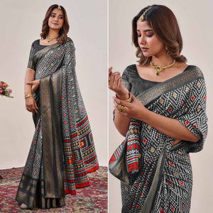 Black Ikkat Printed With Jacquard Border Cotton Silk Saree