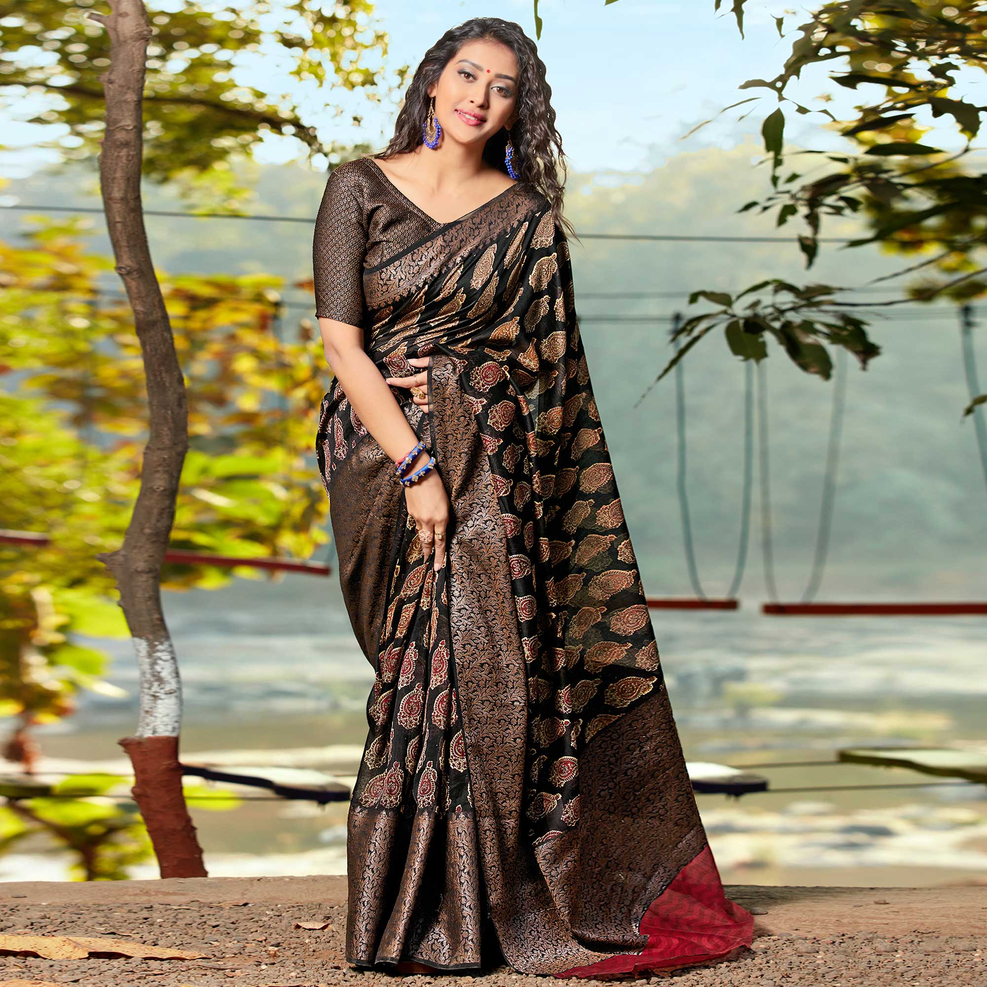 Black Printed With Woven Border Pure Cotton Saree