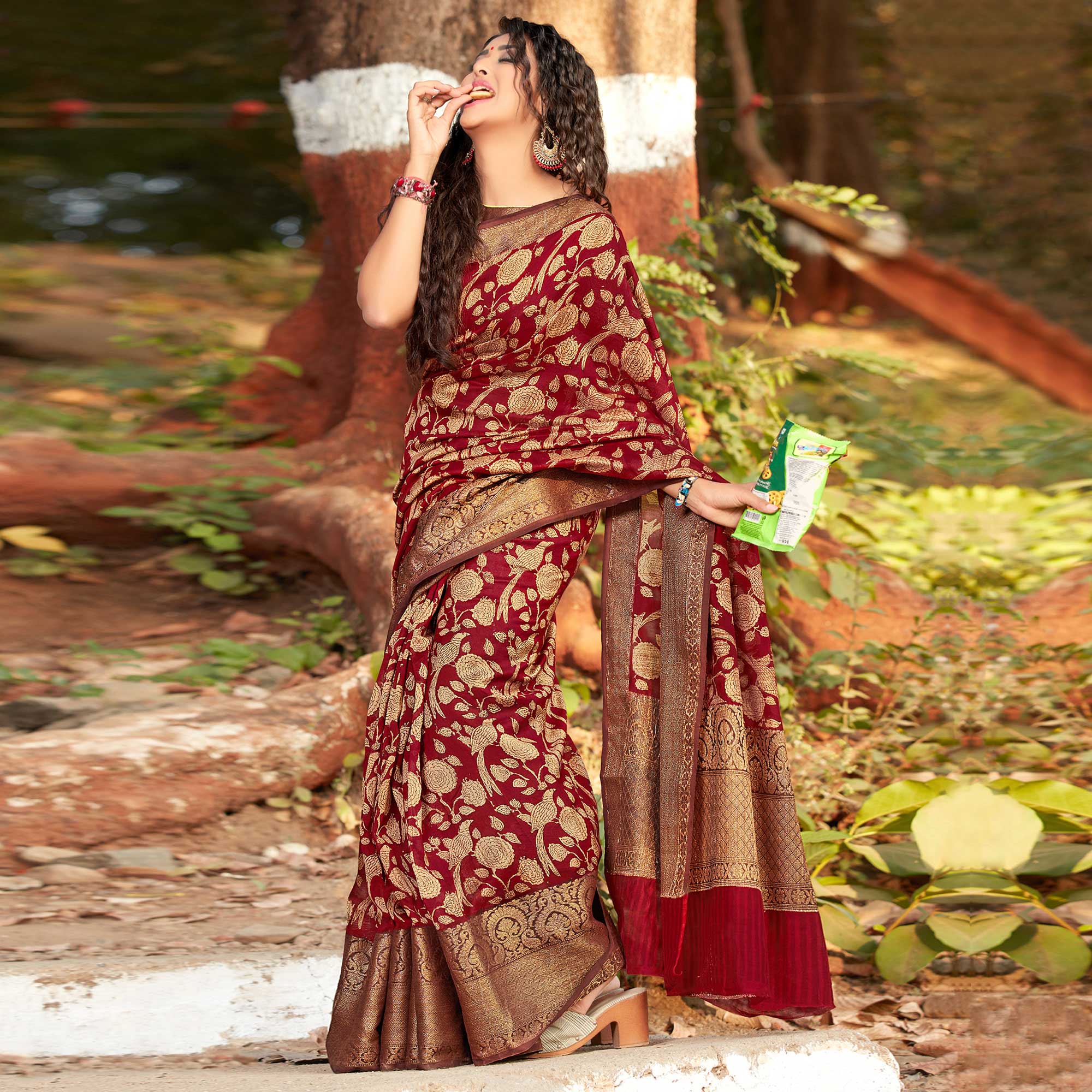 Maroon Printed With Woven Border Pure Cotton Saree