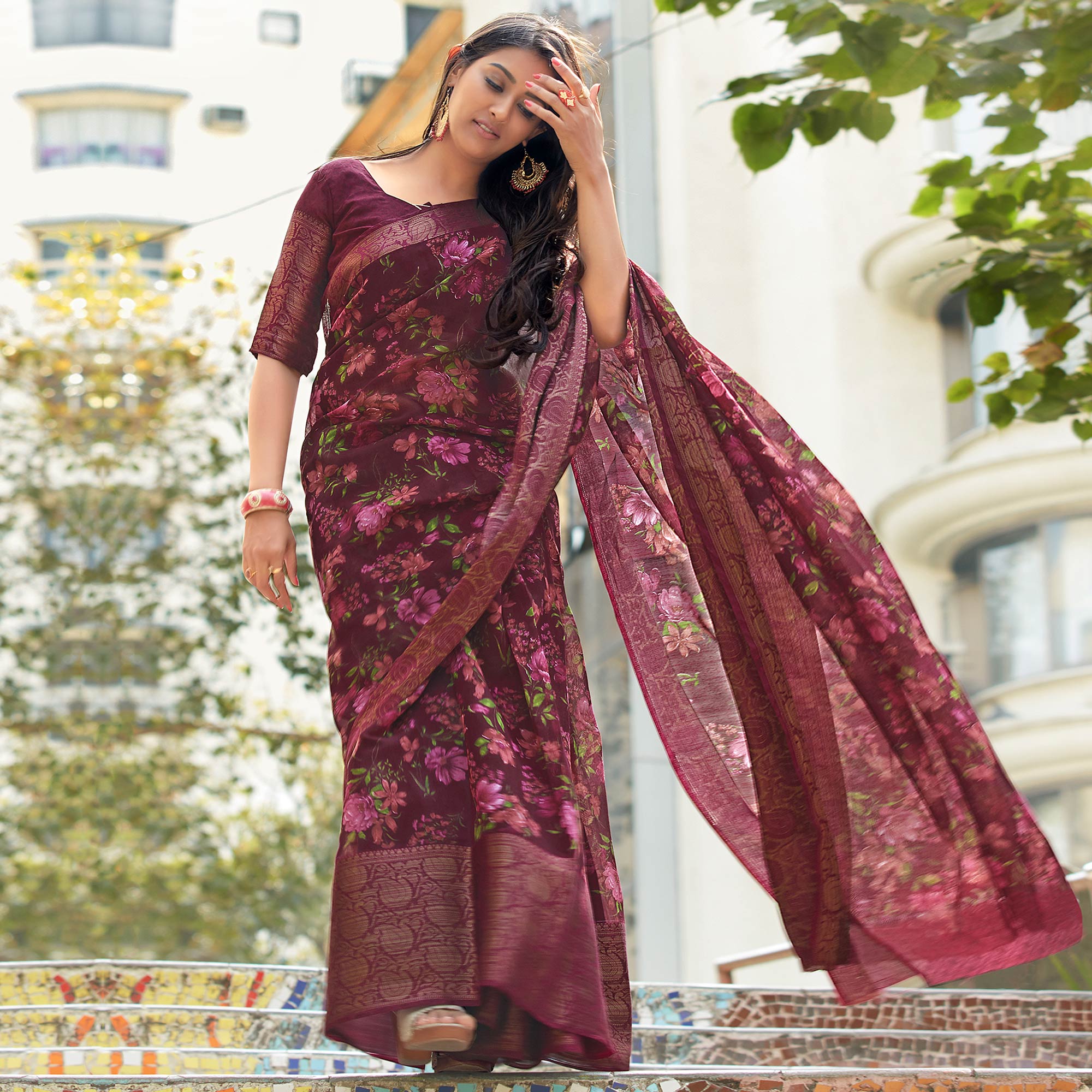 Wine Printed With Woven Border Pure Cotton Saree